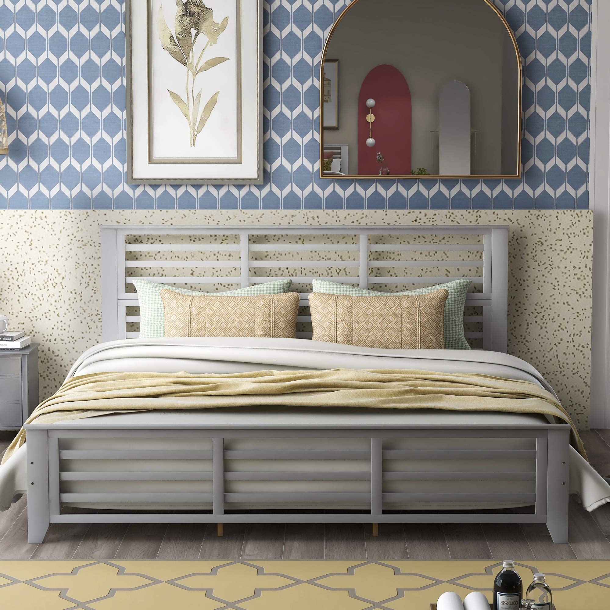 King Size Platform Bed Frame with Headboard Wood Platform Bed with Slat Support No Box Spring Needed Easy