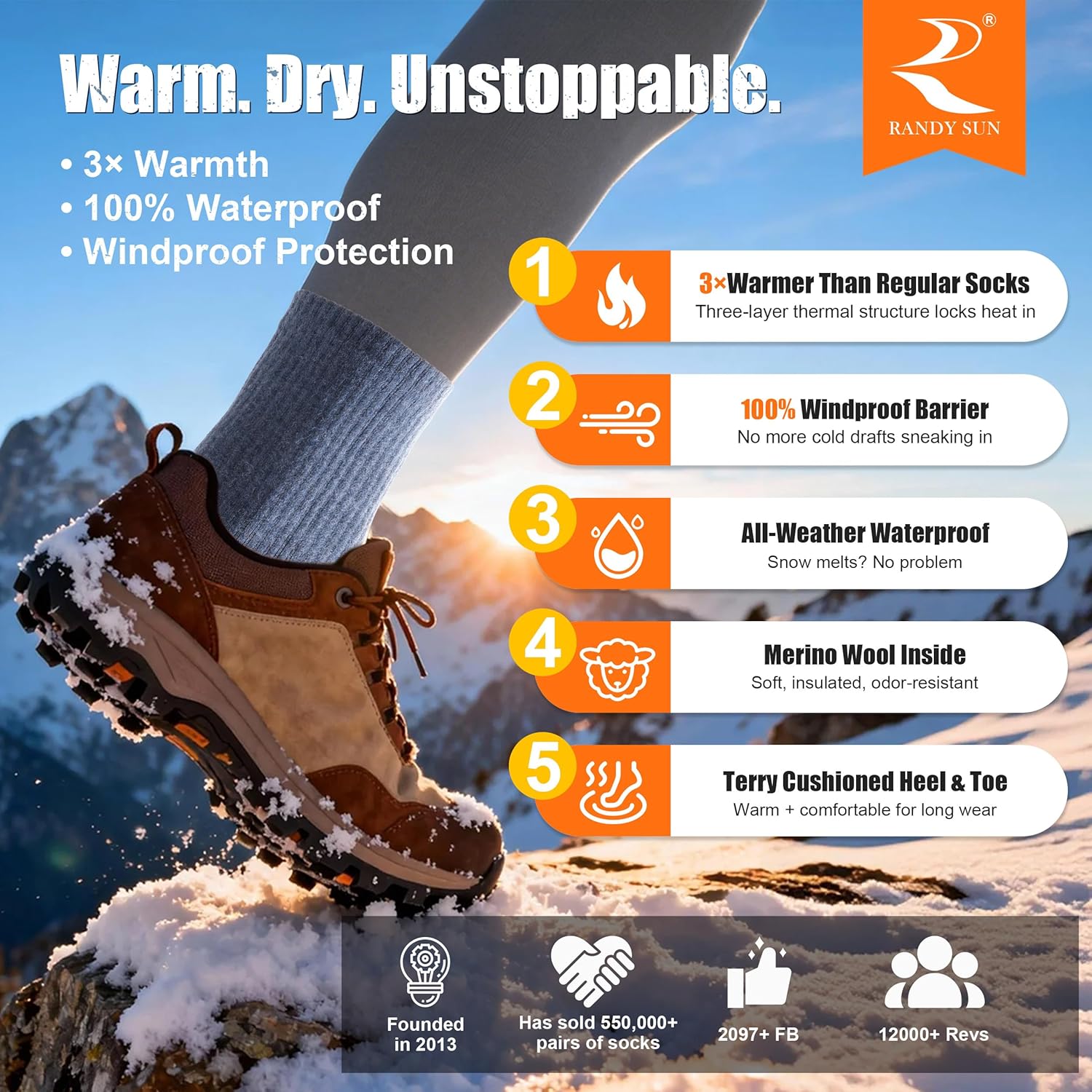 RANDY SUN Merino Wool Hiking Waterproof Socks, Unisex Breathable Multisport Crew Socks 1 Pair