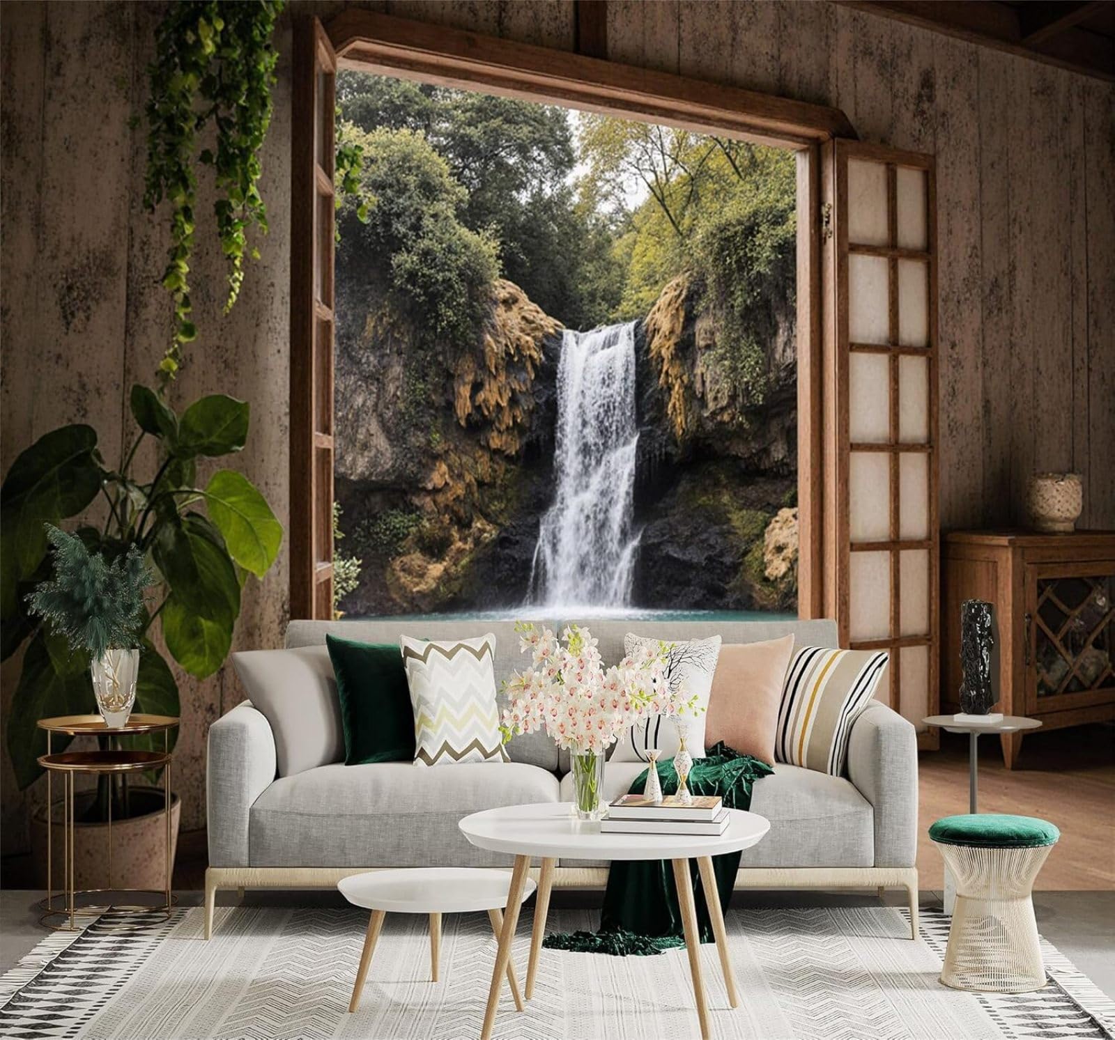 XLMING Wooden Windows Lakes Waterfall Scenery Tropical Forest 3D Wallpaper Silky Texture Home Study Office Grey Dining Room Sofa Bedroom Living Room TV Backdrop-250cm×170cm