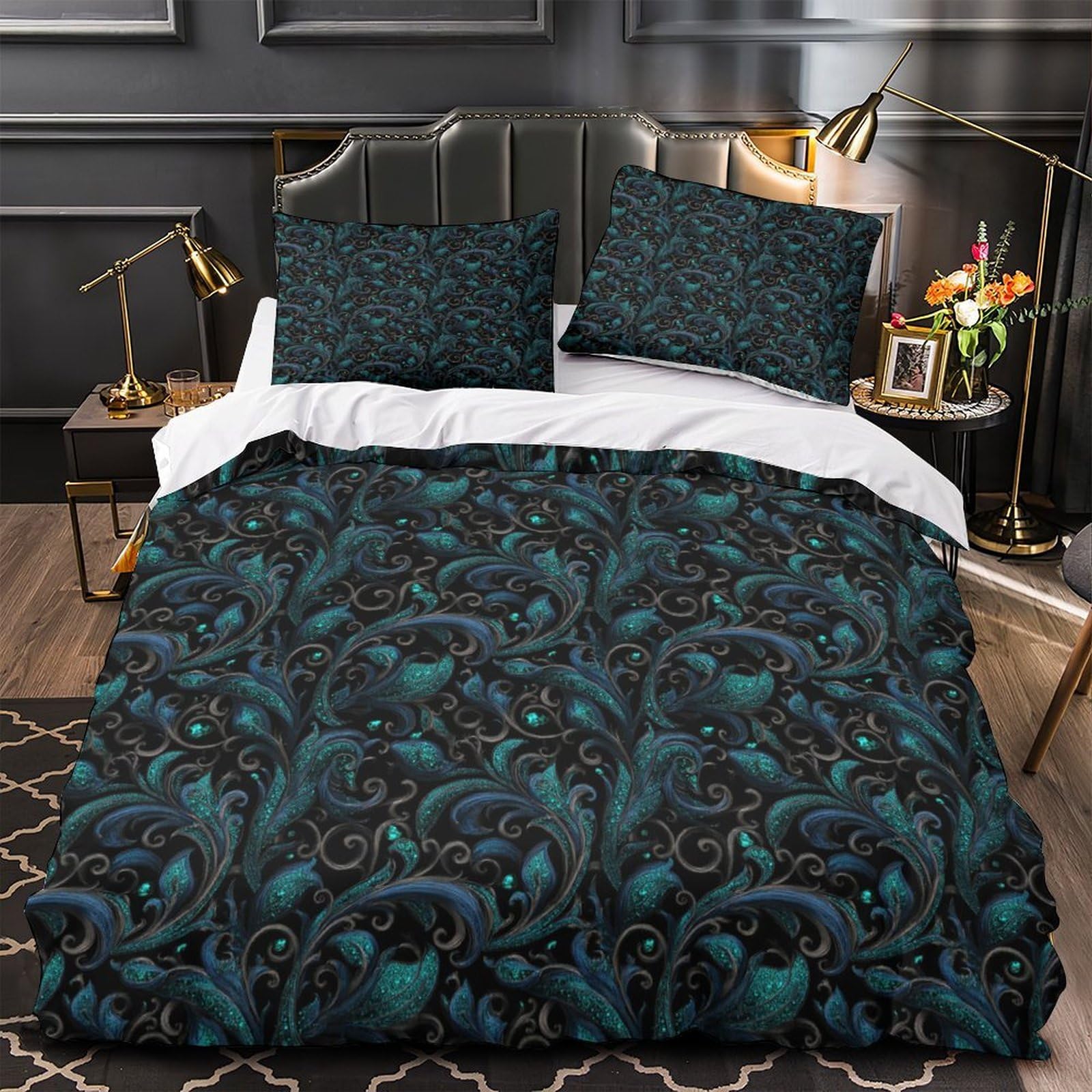 MMDASBVPE OrnateFloral Duvet Cover 3D Print Durable 3 Pcs Bed Linen Hidden Zipper DarkGothicStyle Comforter Cover Premium Washable for Kids Adults Women Teens Youth Girls Boys Double（200x200cm）