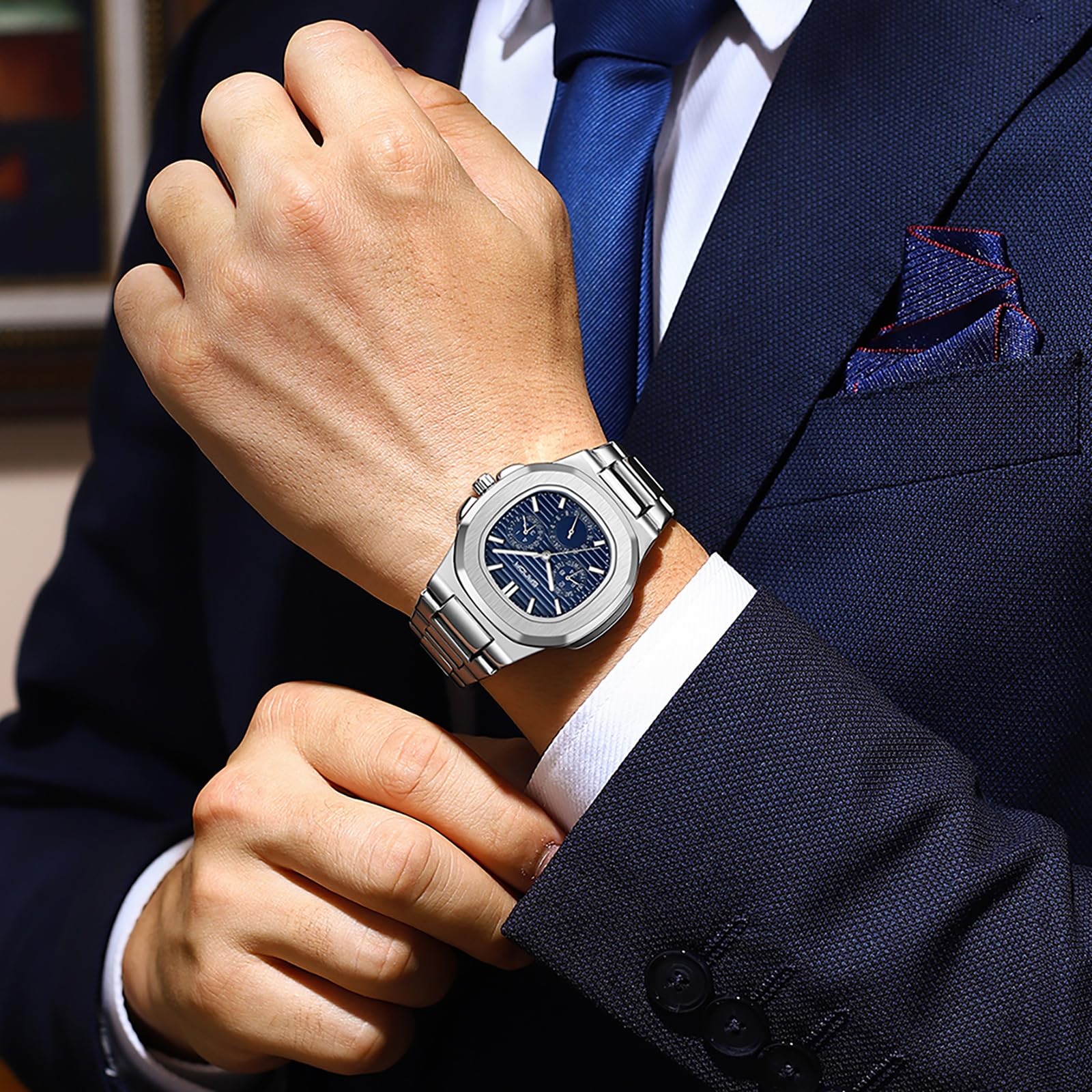findtime Uhren Herren Luxus Business Armbanduhr Analog Quarz Uhr Edelstahl 3ATM Wasserdicht Leuchtend Datum Wochentag Designer Herrenuhr Mode Uhr für Männer Arbeit und Freizeit