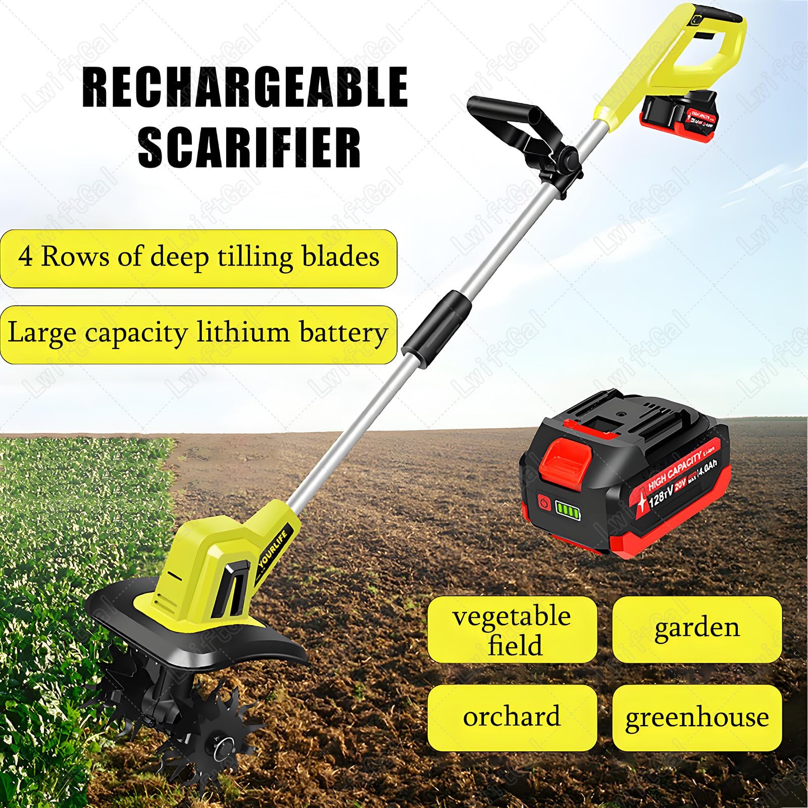 Motocoltivatore Elettrico Da Giardino Senza Fili, Coltivatore Del Terreno Con Asta Regolabile Con Batteria Ricaricabile, Ideale Per Giardini E Orti,1battery