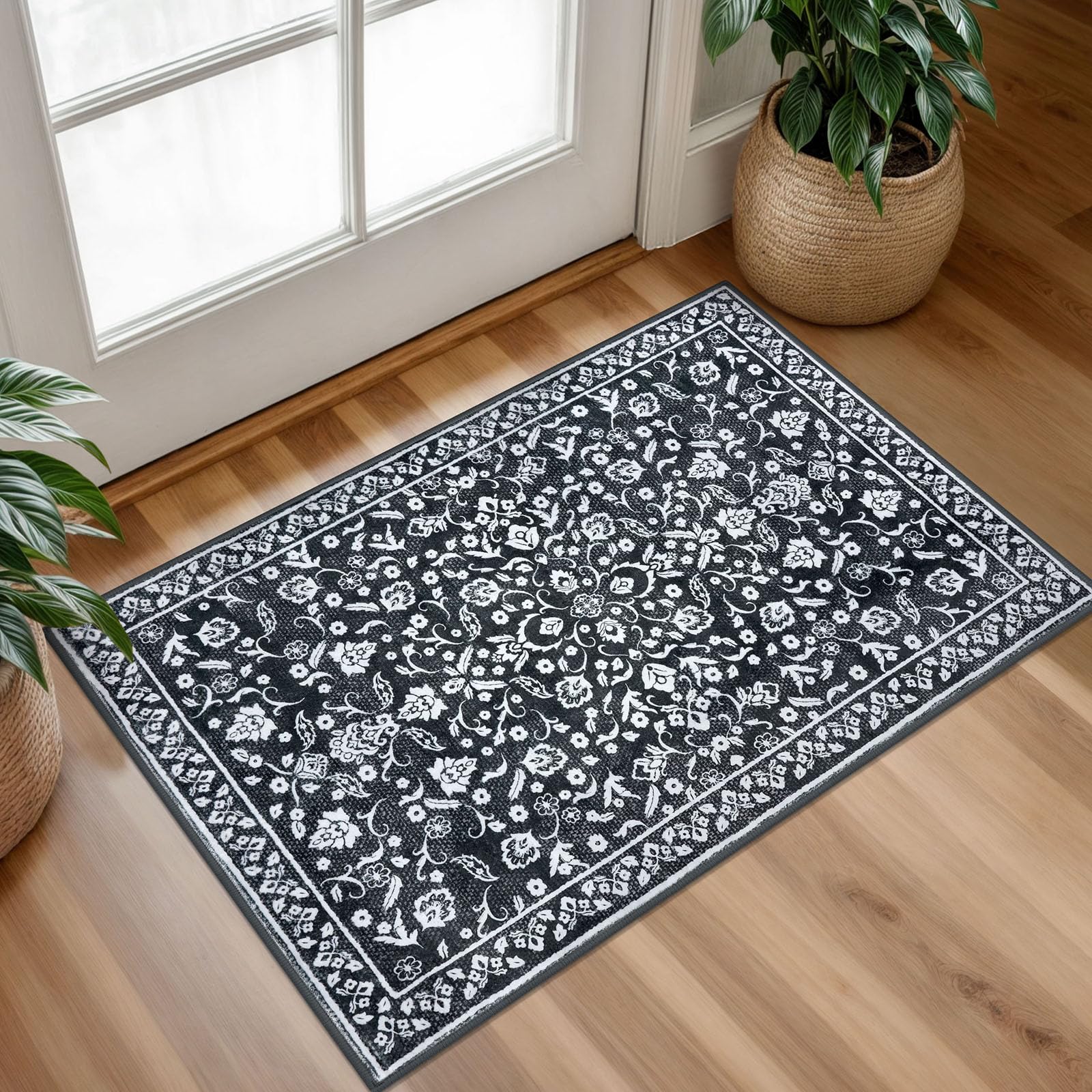 SILOLOOM Vintage Entryway Rug Indoor, Black White Washable Rug 2x3, Small Area Rug with Non-Slip Backing, Floral Print, Thin Faux Wool Super Soft Door Mat for Kitchen, Entrance, Bedroom, Office — image 1