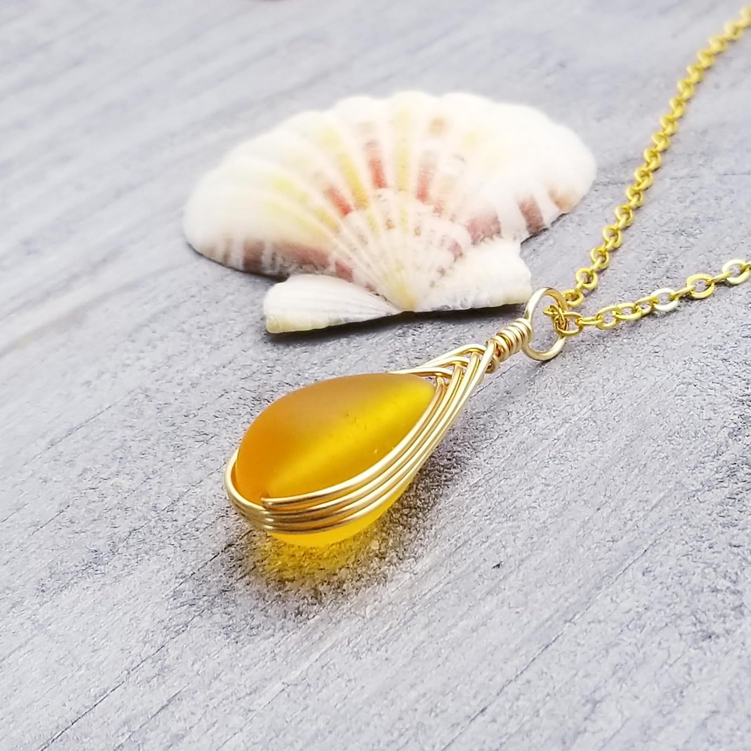 Handmade Sea Glass Necklace, Hawaiian Jewelry For Women, Gold Wire Braided Teardrop Necklace, Beach Jewelry, Birthday Gift For Women