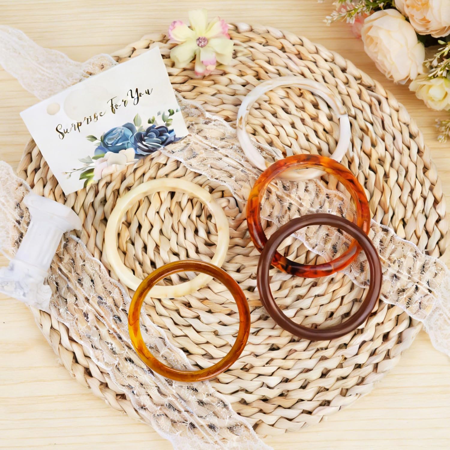 Mantveil 5Pcs Chunky Resin Bangle Bracelets for Women, Stackable Acetate Wide Geometric Acrylic Resin Bangles, Tortoise Shell Plastic Wristband Bracelet Statement Jewelry - Image 2