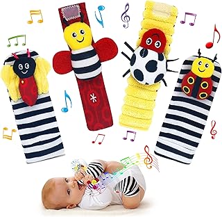 Adalex Global Foot Finders Wrist Rattles for Babies Baby Toys 0 6 Months Socks Wrist Rattle Newborn Baby Sensory Toys 0-3 3-6 6-9 9-12 Months Toy 2 wrists & 2 socks (Two Colour)