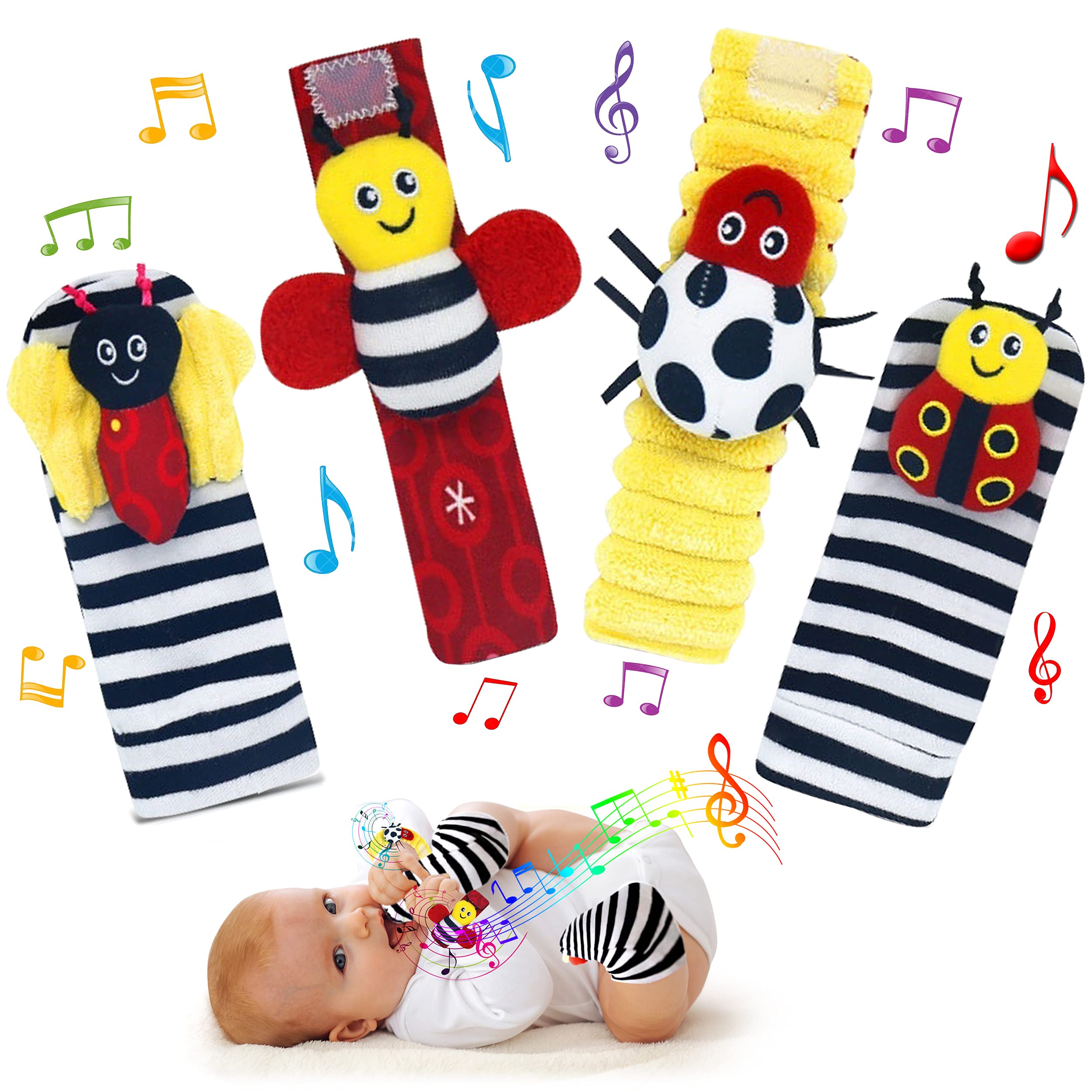 Adalex Global Baby Foot Finders Wrist Foot Rattles for Babies Baby Sensory Toys Socks Baby Rattle Gifts Toddler Newborn Girls Boys Boy Girl 0-3 3-6 6-9 9-12 Months Toy 2 Wrists & 2 Socks (Two Colour)