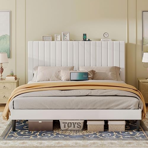 Miniatura 42 de Base de cama tamaño Queen con cabecera tapizada de terciopelo con estación de carga, soporte de listones de madera, base de colchón, somier
