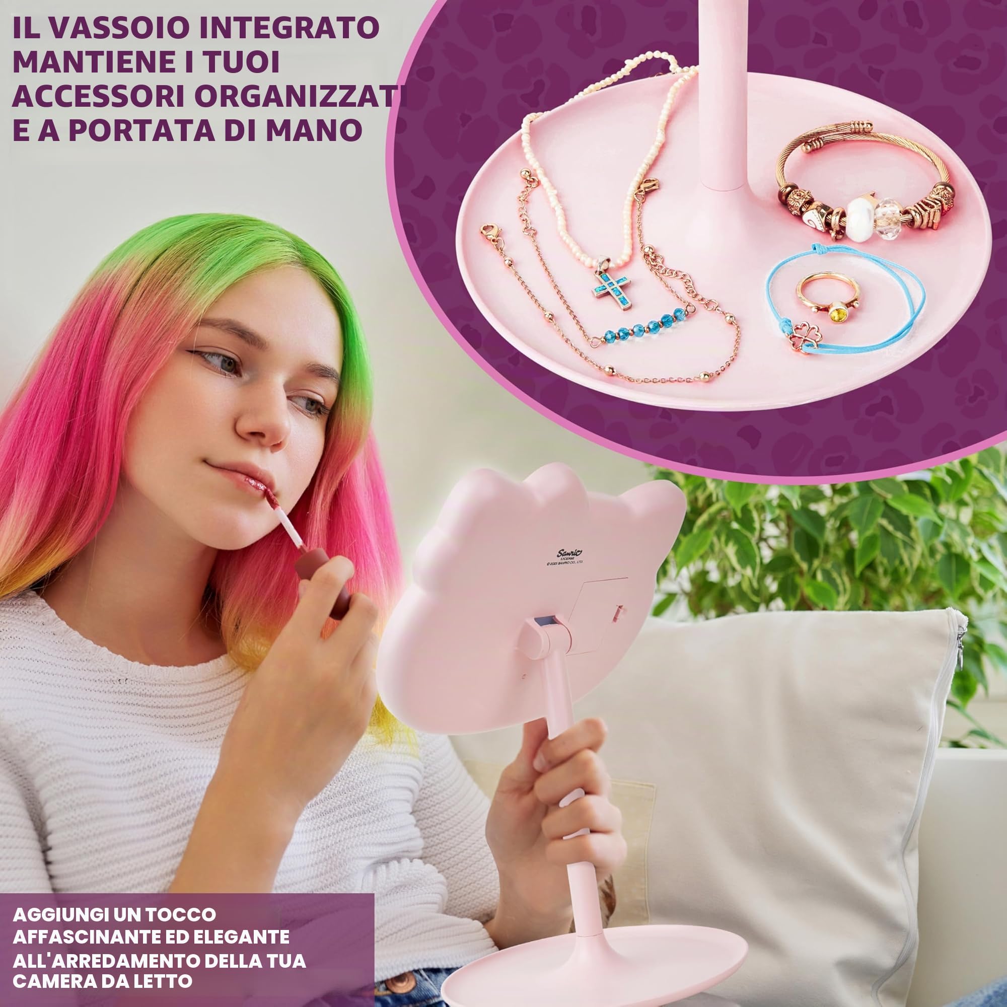 Get Trend Hello Kitty Sanrio Specchio Trucco, Vanità Compatto A Batteria Portatile Specchio da Tavolo con Luci e Piedi per Viaggi e Camera da Letto (Rosa/Hello Kitty)