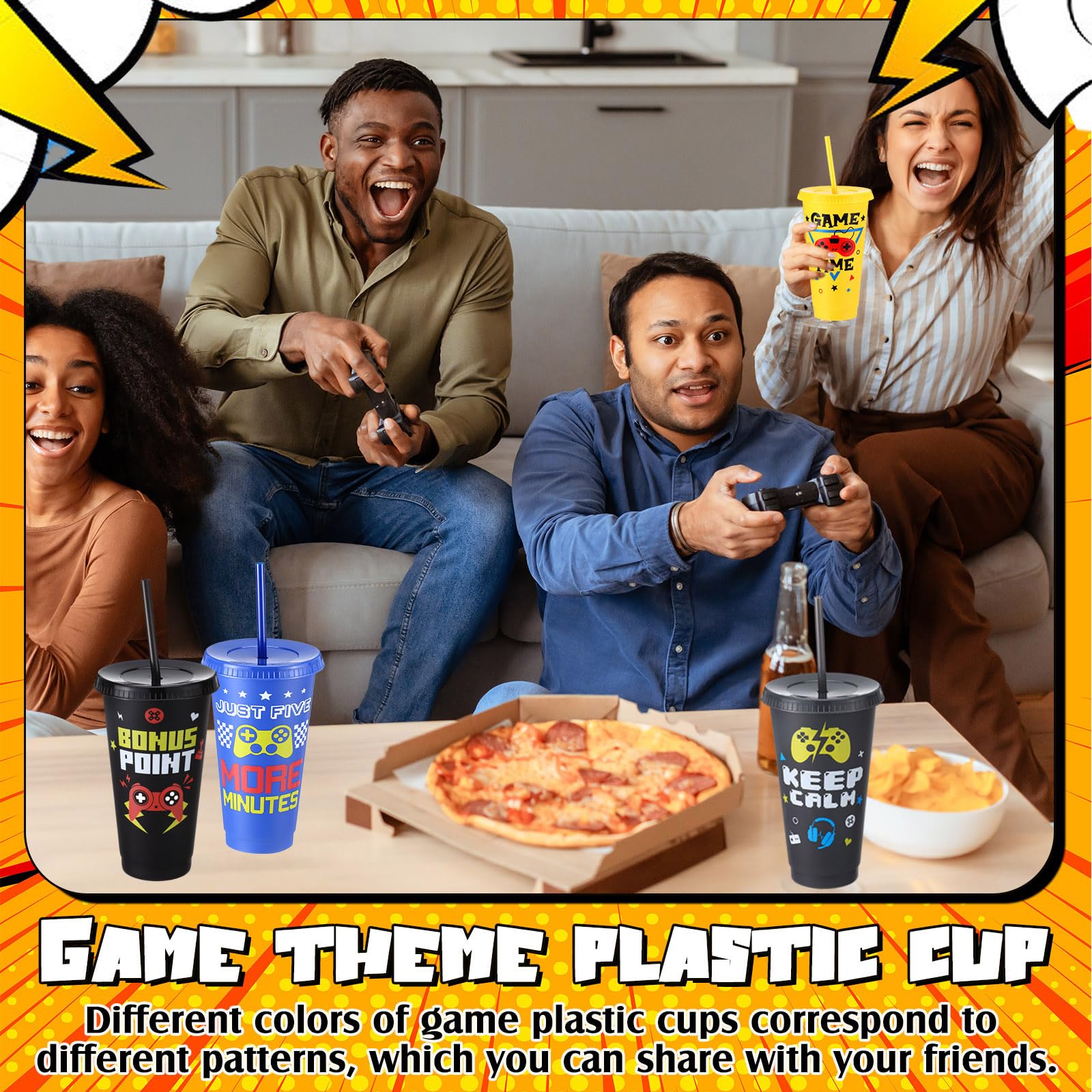 Potchen 8 vasos de plástico reutilizables para videojuegos con tapas y popotes, para divertidos, recuerdos de fiesta de cumpleaños
