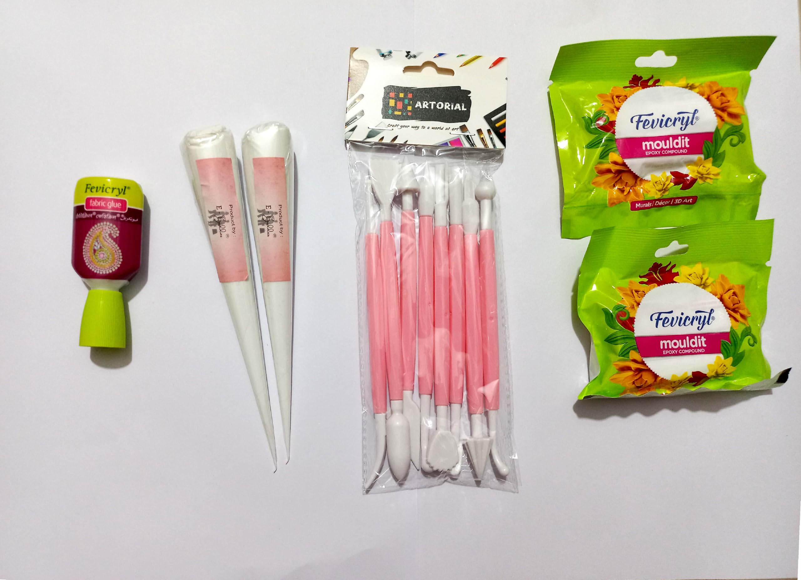 Plastic Ceramic Pottery Tools Set of 8,WHITE Ceramic Cone 2pc,Fevicryl fabric glue 1pc,moldit clay 50gm 2pc,for Lippan Art| Madhubani Art| Clay Modelling,Shaping, for Art & Craft Supplies.