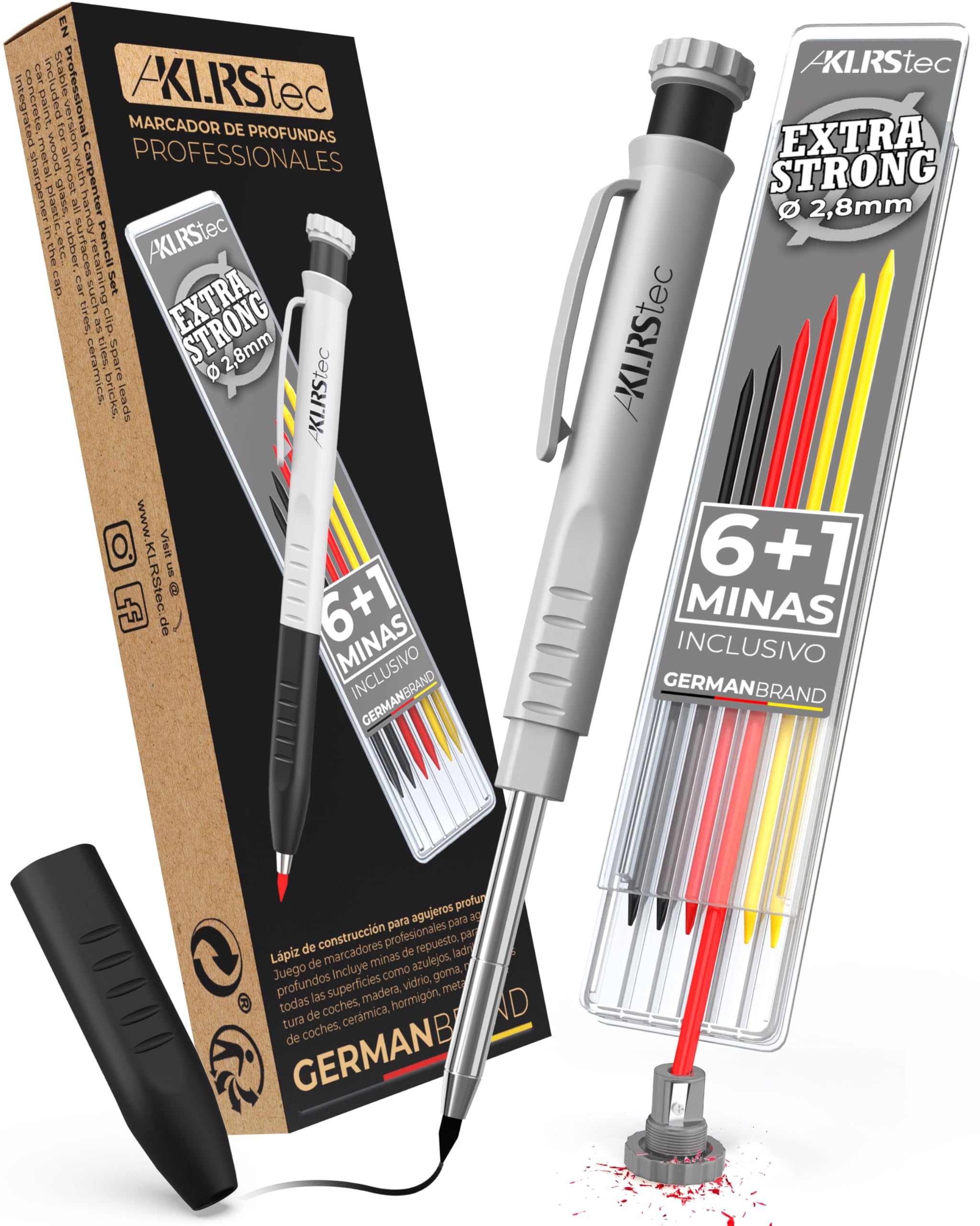 KLRStec Lapiz Carpintero profesional - Lapicera para lapiz obra - El juego de lápiz de carpintero contiene minas de repuesto para diferentes superficies y afilador integrado