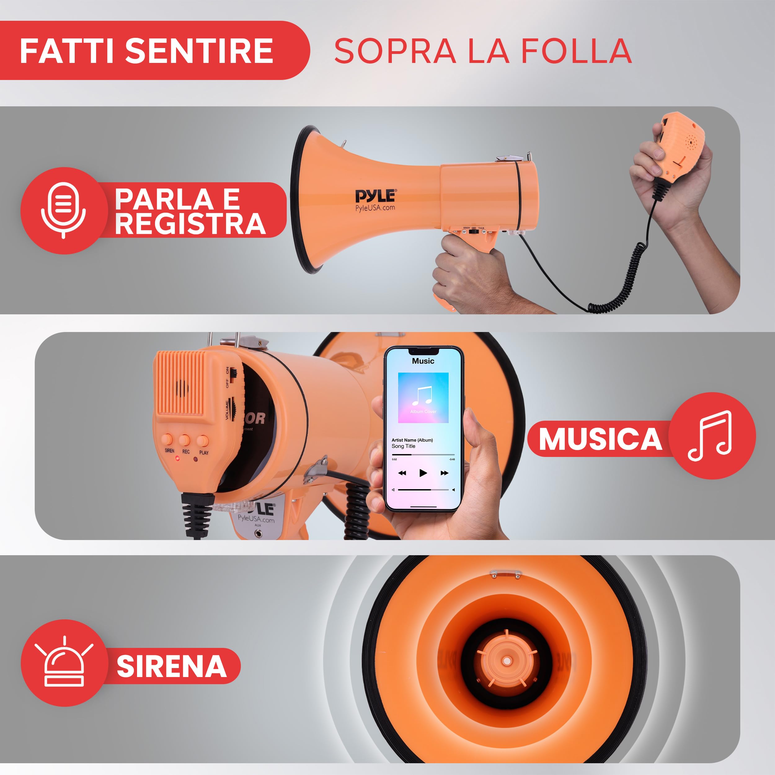 Pyle Megafono da 50 W, Portatile, Sirena Automatica e Volume Regolabile, Portata di proiezione Fino a 1200 Metri Quadrati, Ingresso AUX, Conversazione, Sirena, Musica, Fischietto e Registrazione,