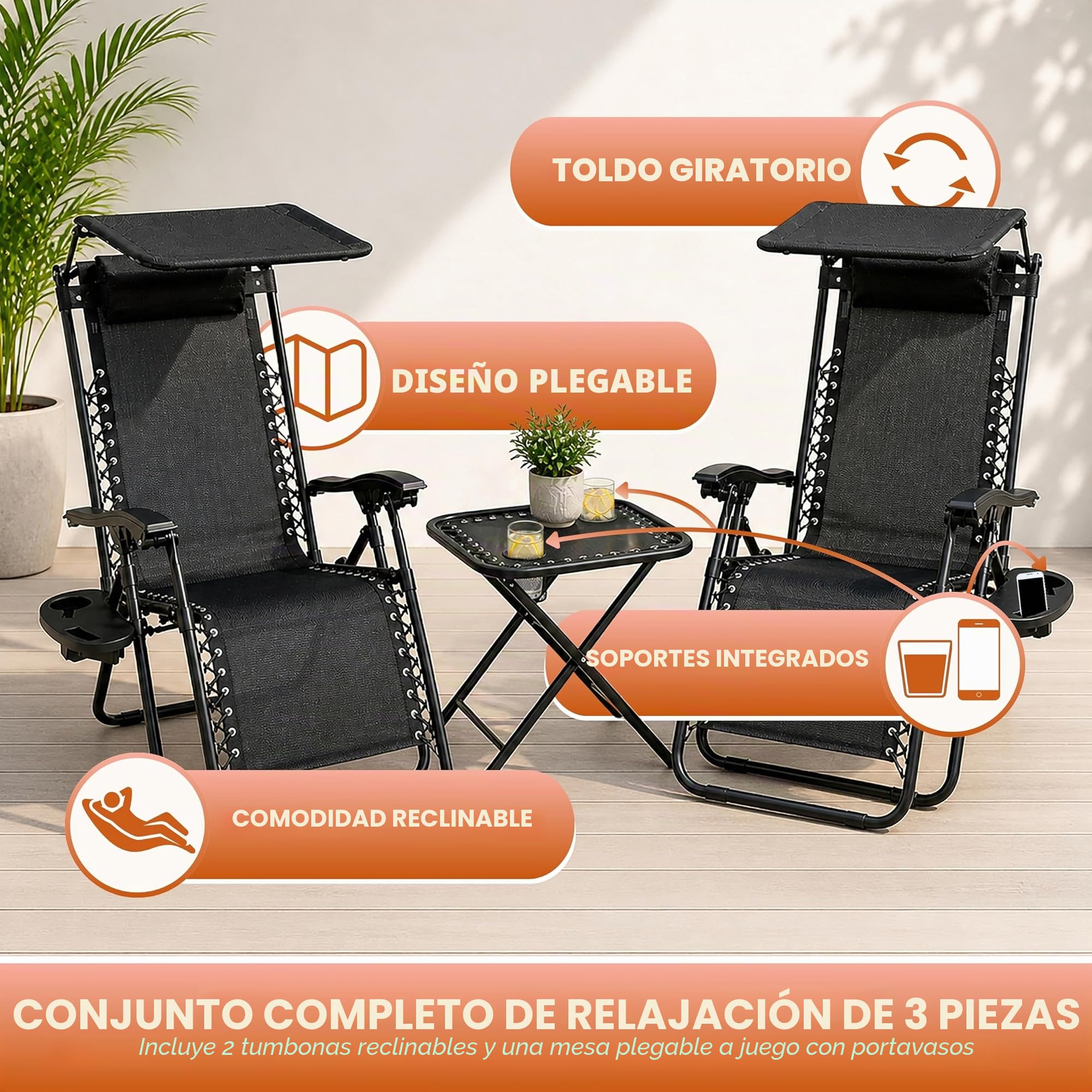 Garden Mile Juego de 2 tumbonas Negras de Gravedad Cero para el Sol, 2 Unidades, sillas de salón textoline, Muebles de jardín para Exteriores, Asientos Interiores, tumbonas, reclinables