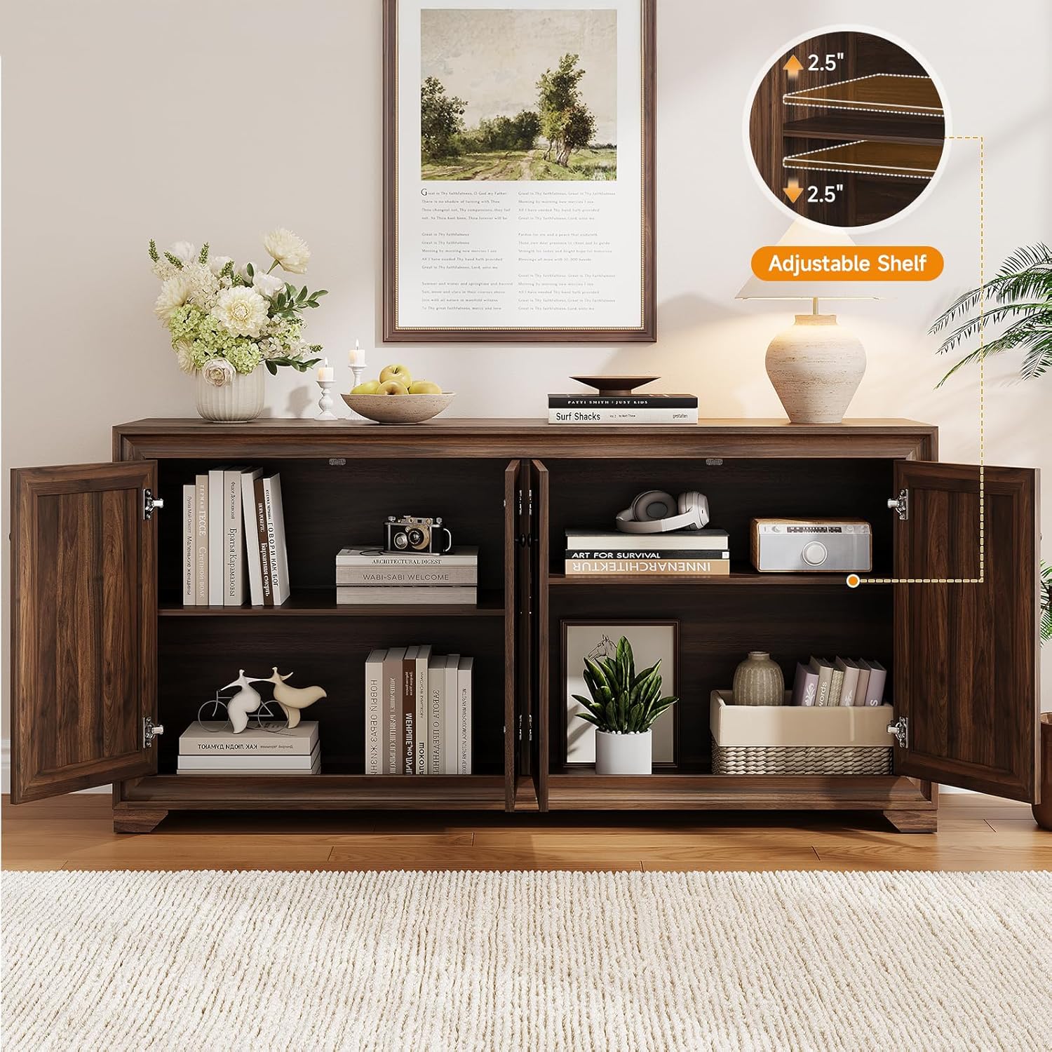 ONBRILL 60" Buffet Cabinet with Storage, 4 Doors Sideboard Buffet Cabinet with Adjustable Shelves, Modern Coffee Bar Console Table for Living Room, Kitchen, Entryway, Brown