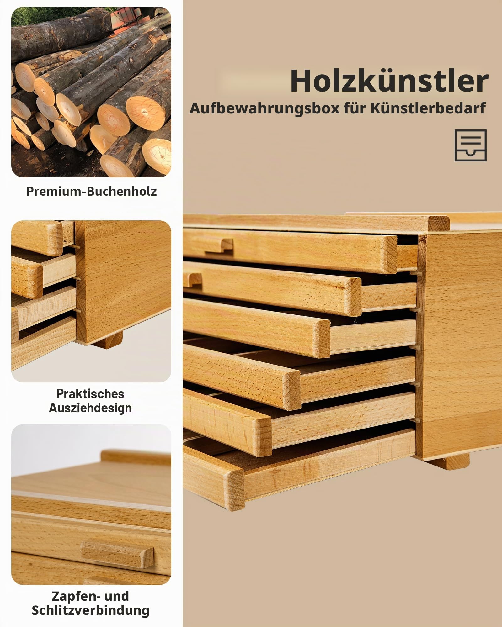 DJAR 6-Schubladen Aufbewahrungsbox für Künstlerbedarf, Buchenholz-Organizer mit herausnehmbaren Fächern