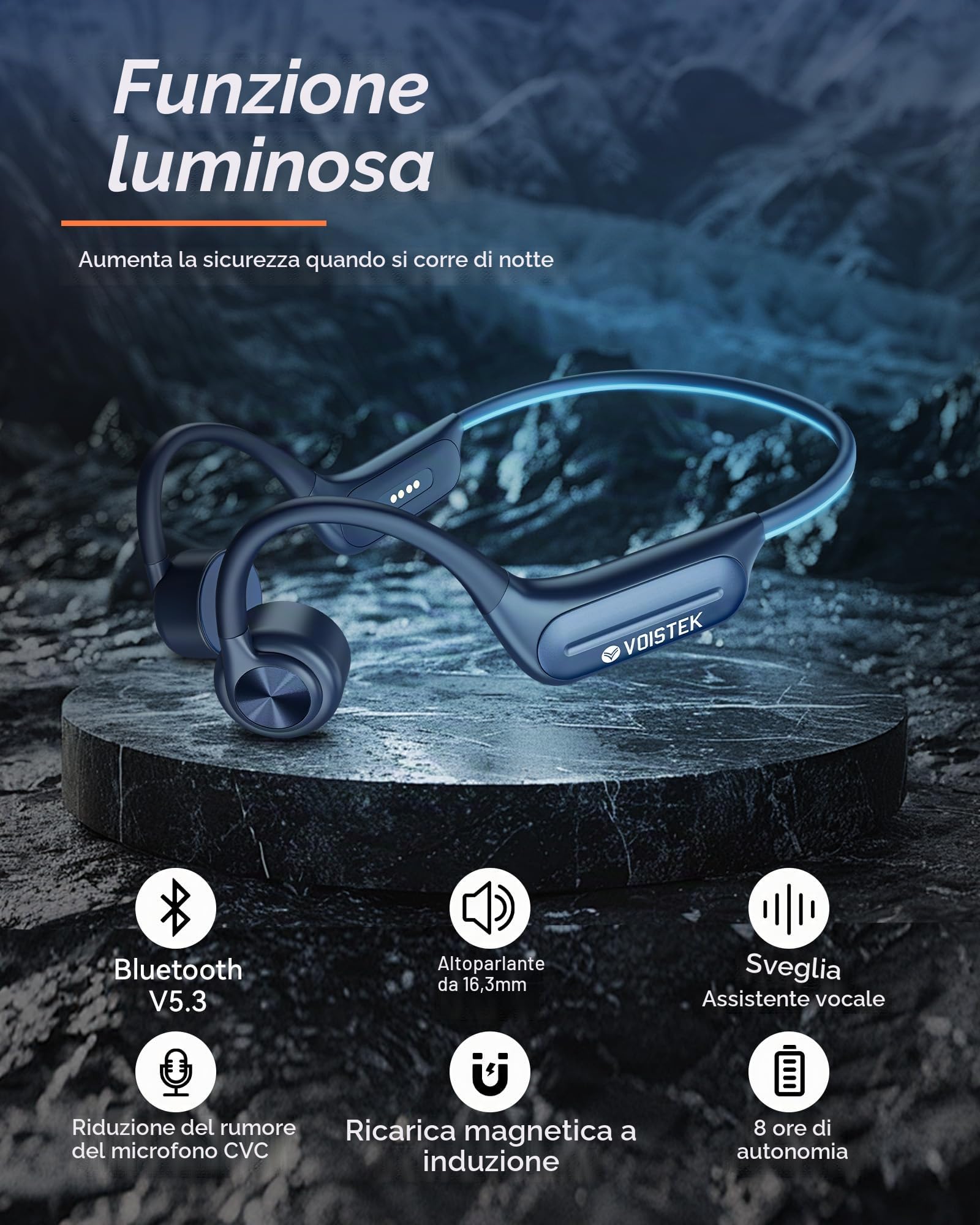 Voistek Cuffie Sportive Conduzione Ossea, Bluetooth 5.4 con IP68 Impermeabili a Prova d'Acqua, Subacquee per Piscina e Nuoto, Memoria 32G con Lettore MP3 Integrato, Auricolari per Surf, Ciclismo