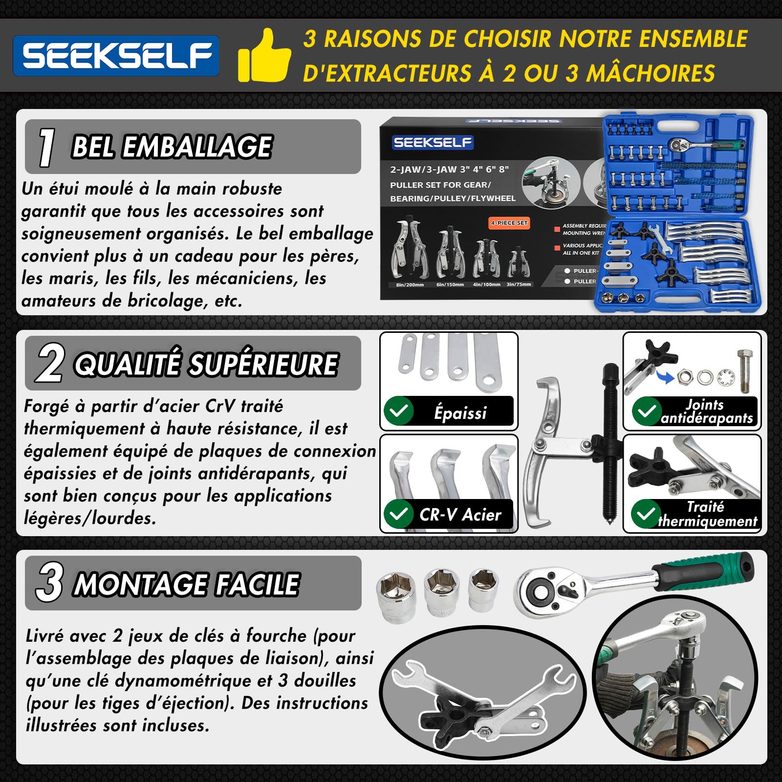 Ensemble d'extracteur de roue 3" 4" 6" 8", Kit d'extracteur de roulement 2-griffes/3-griffes avec clé dynamométrique, outil de traction robuste, griffes réversibles pour l'enlèvement de