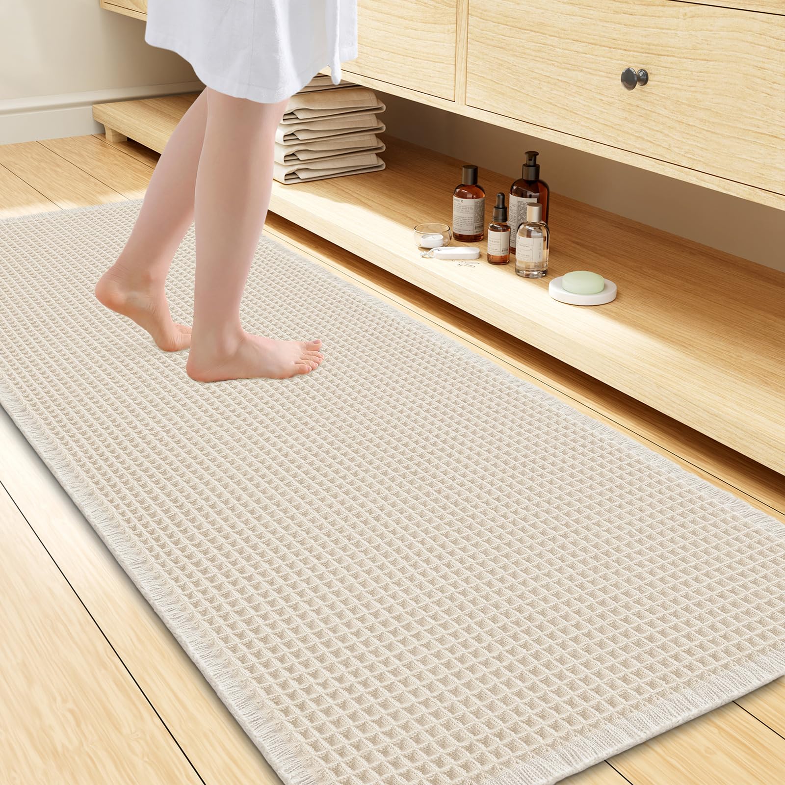 Smiry Waffle Bath Mat 47X24, Soft Absorbent Bathroom Rugs, Cream Beige