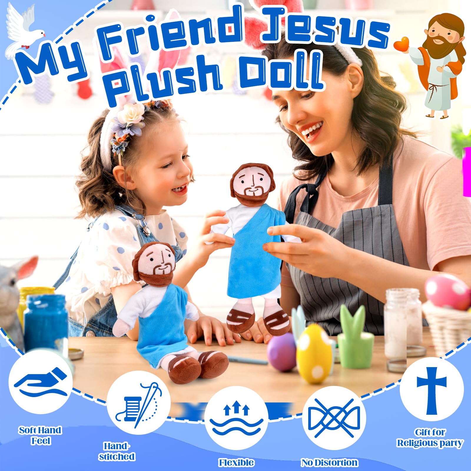 Firecos Jésus en peluche - Peluche Jésus - Adorable jouet religieux pour enfants - Compagnon au moment du coucher - Cadeau de baptême et de Pâques (Vierge Marie