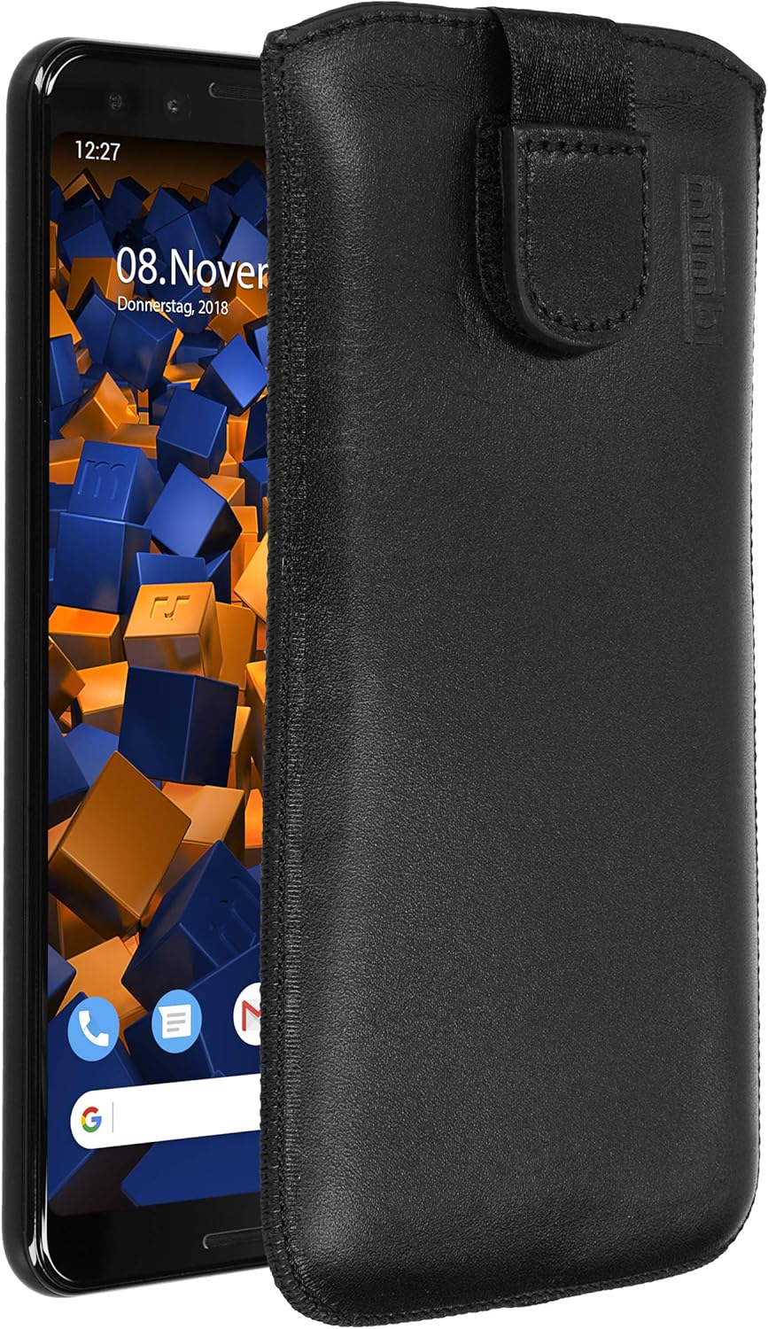 mumbi Genuine Leather Case Compatible with Google Pixel 3 with Flap and Pull-Out Tab Black
