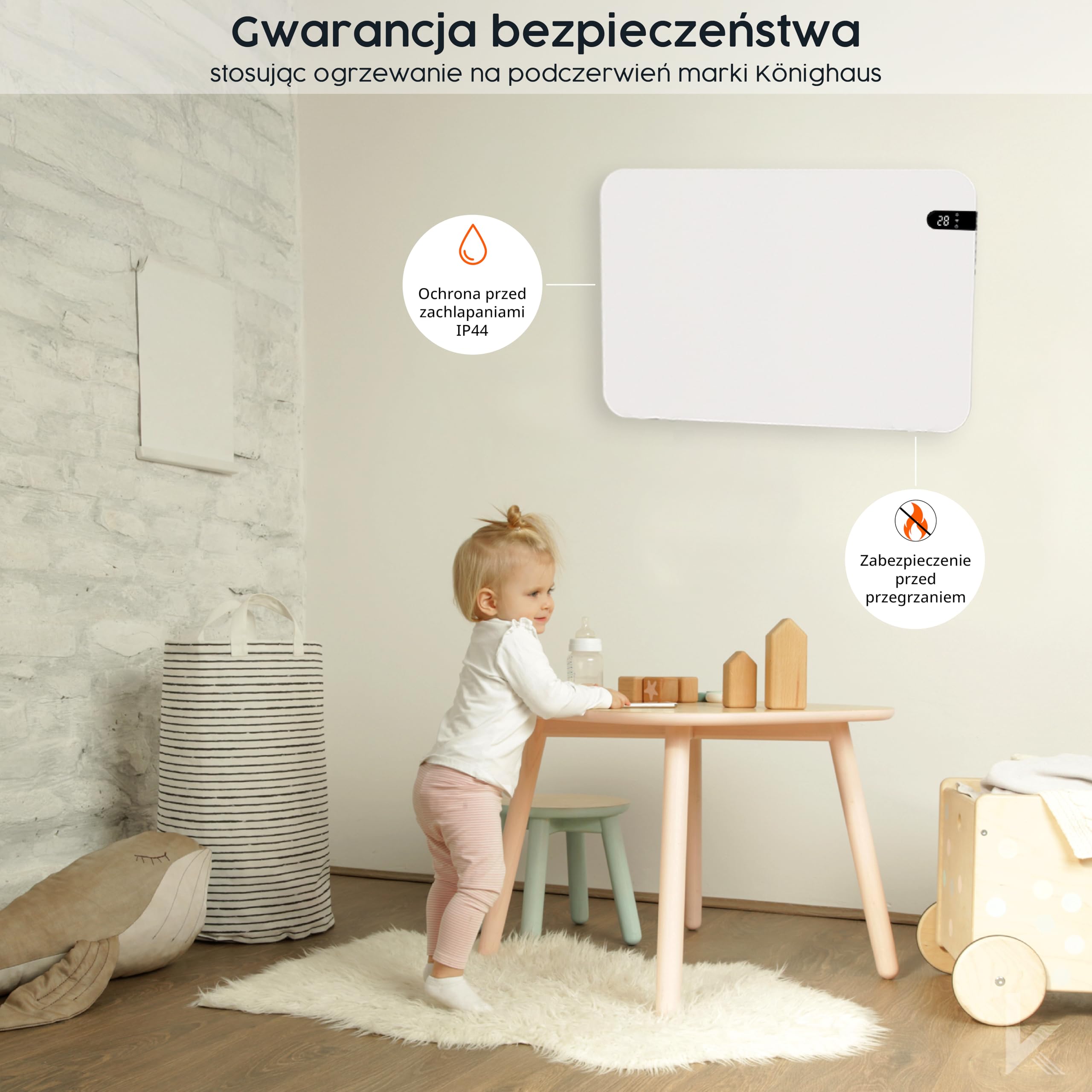 Könighaus Inteligentny grzejnik na podczerwień dual 800 W z kontrolą Wi-Fi przez aplikację i pilot, w zestawie nóżki z wieszakiem na ręczniki oraz zestaw montażowy Kolor: Biały
