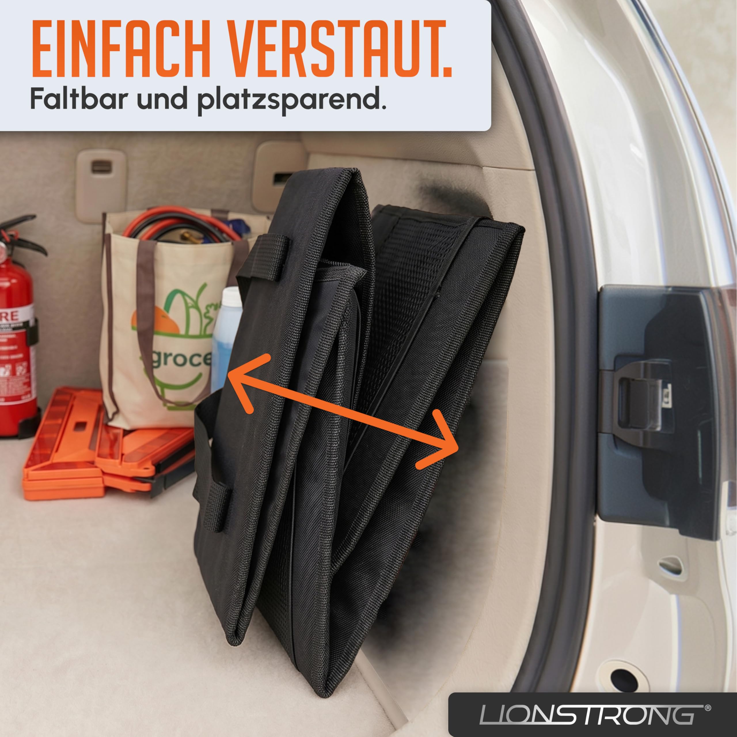 LIONSTRONG® Auto Organizer [EXTREM STABIL DURCH KUNSTSTOFFPLATTEN] - Universeller Rückbank Organizer für den Rücksitz & Beifahrersitz - Ideal für den Urlaub, viel Platz für Spielzeug - Wasserabweisend