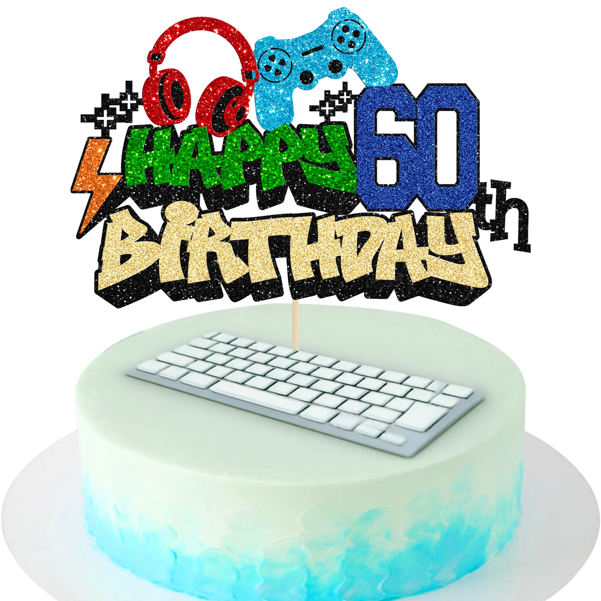Gyufise 1Pcs Happy 60th Birthday Cake Topper Glitter Video Game Cake Pick Game On Controllers Eighteen Cheers to 18 Years Cake Decoration for Game Theme Happy 60th Birthday Party Supplies