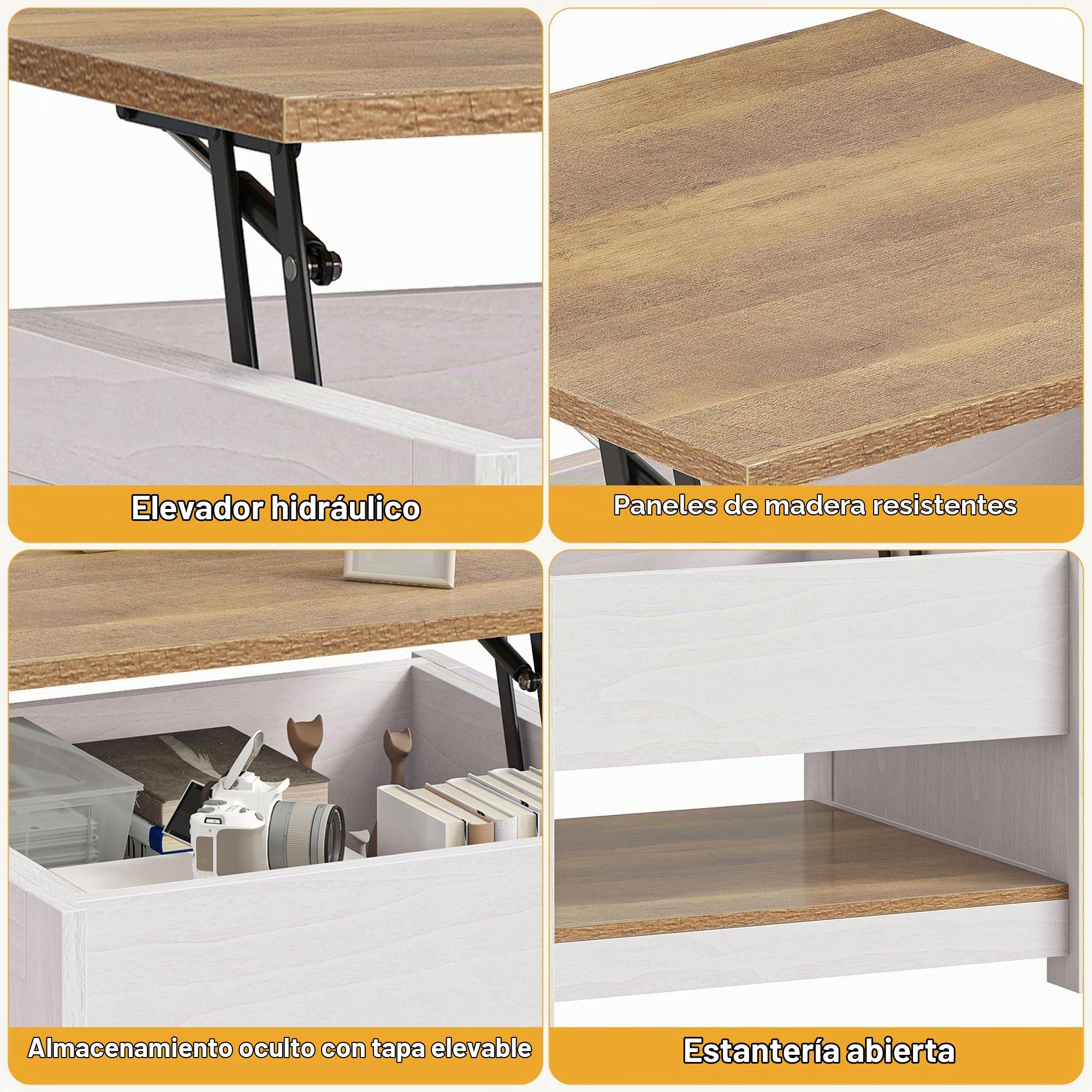 DWVO Mesa de Centro con Tablero Elevable e Iluminación LED, Mesa de Salón Cuadrada Moderna con Compartimento Oculto y Estante Abierto, 60 x 60 x 45 cm