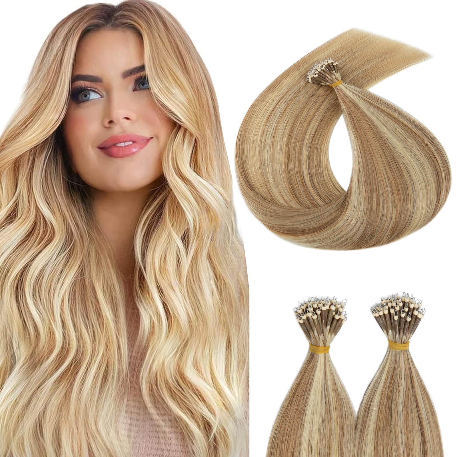 SEGOHAIR Nano Bond Human Hair Extensions - Nano Ring & Tip Extensions, Silky Straight Natural 50g/50 Stands 22" Golden Brown Mix Bleach Blonde