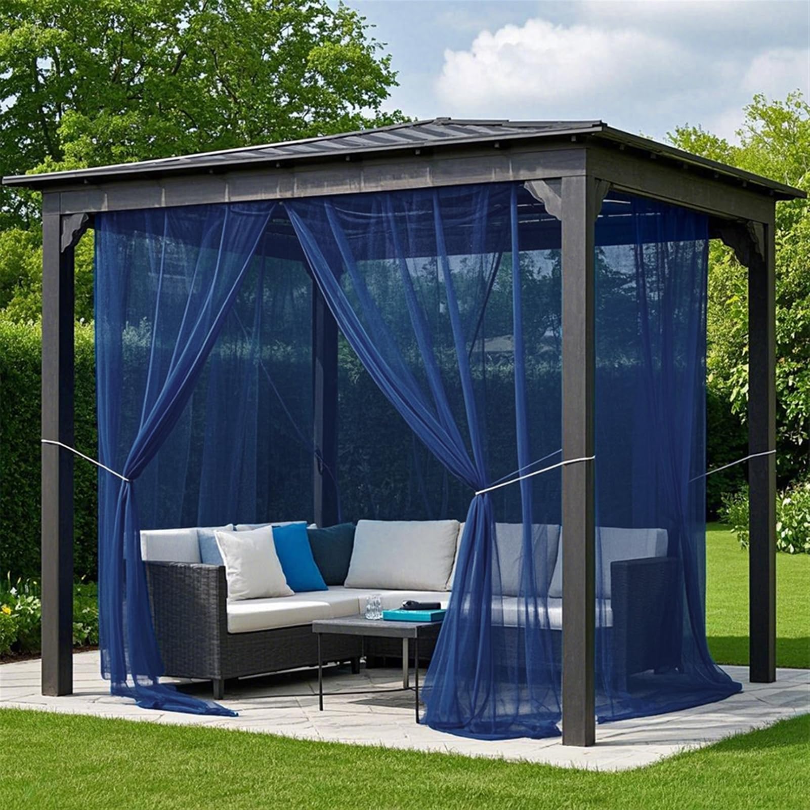 Heavyoff Outdoor Sheer Curtains for Patio, 2 Panels Waterproof Light Filtering Voile Outside Curtains Screen Mesh Net Privacy Drapes Rod Pocket for Front Porch, Gazebo, Navy Blue, 63" W x 120" L