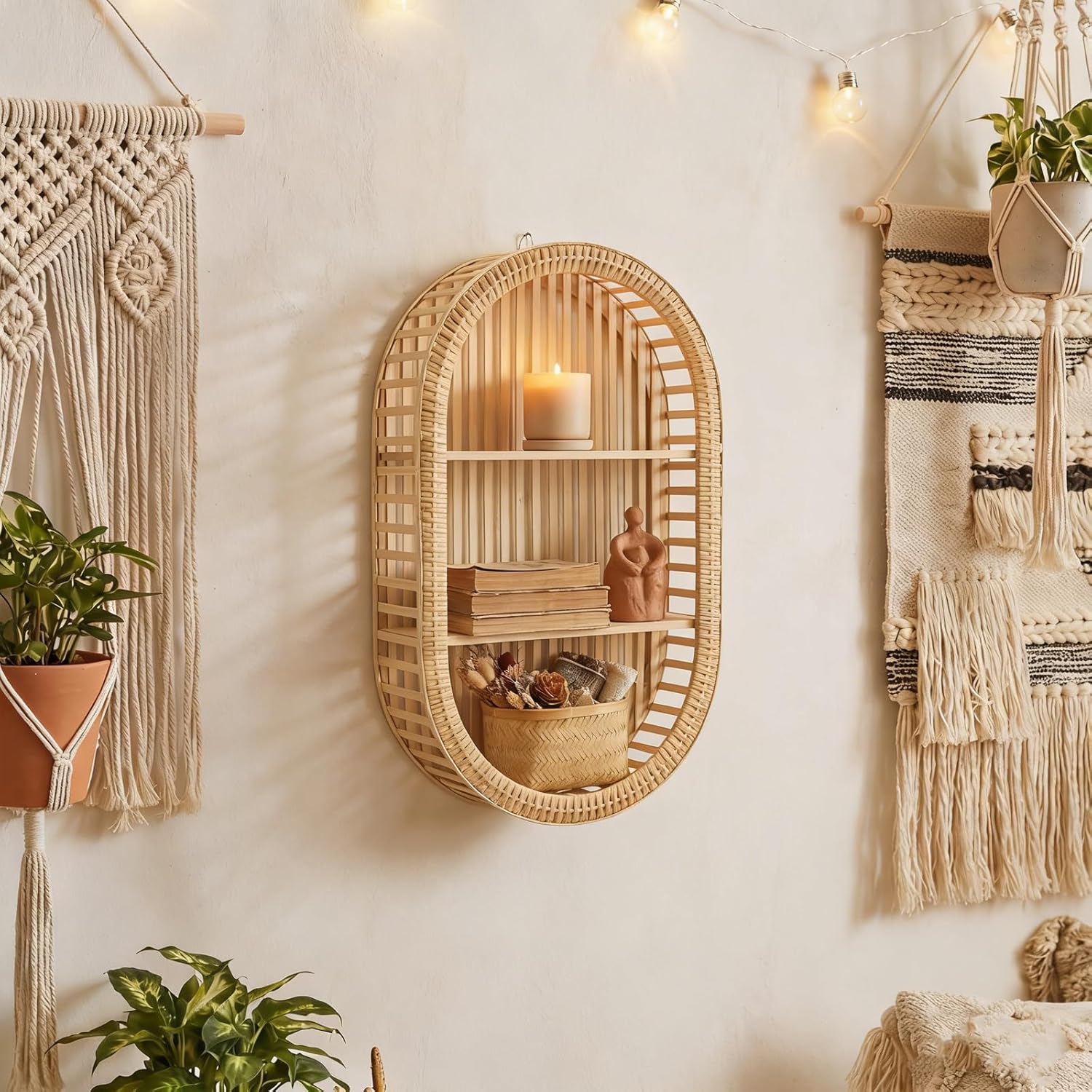 Vercraft 3 Tier Natural Rattan Wall Shelf 28" x 16" Arched Oval Boho Floating Farmhouse Shelves with Handwoven Design for Bathroom Living Room Bedroom Nursery Storage Decor