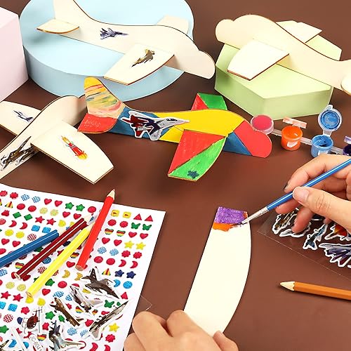 Miniatura 4 de BAPHILE Paquete de 12 aviones de madera para bricolaje, mini aviones para pintar y decorar aviones de madera, kits de manualidades con herramientas