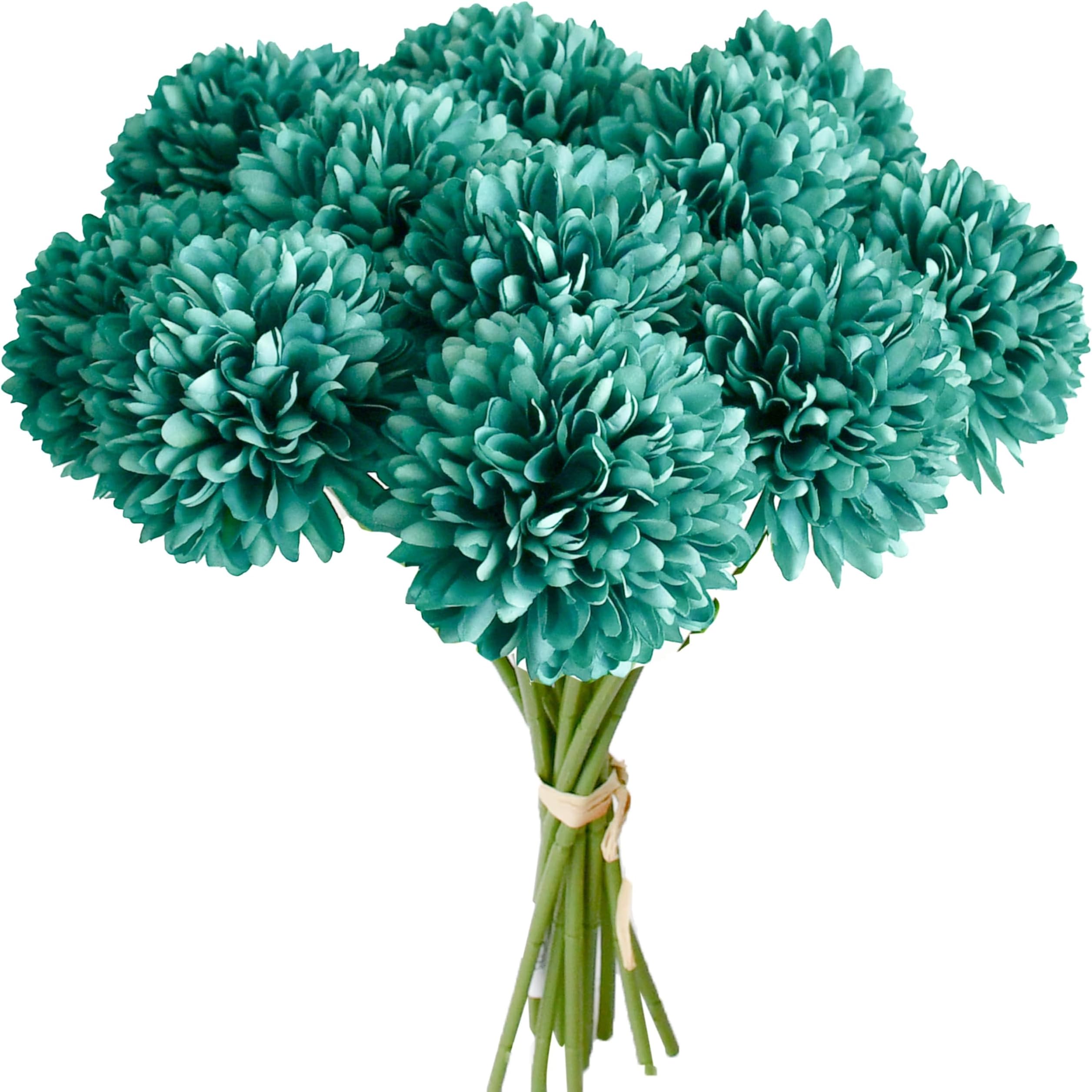 Teal Chrysanthemum - 12 Pcs Artificial Mums Flowers for Home Table Centerpiece, Spring & Summer Decor, UV-Resistant Silk Flowers for Porch, Patio and Wedding