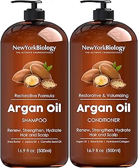 New York Biology Moroccan Argan Oil Shampoo and Conditioner Set - Moisturizing and Volumizing for All Hair Types and Color Treated Hair - with Keratin - 16.9 Fl Oz