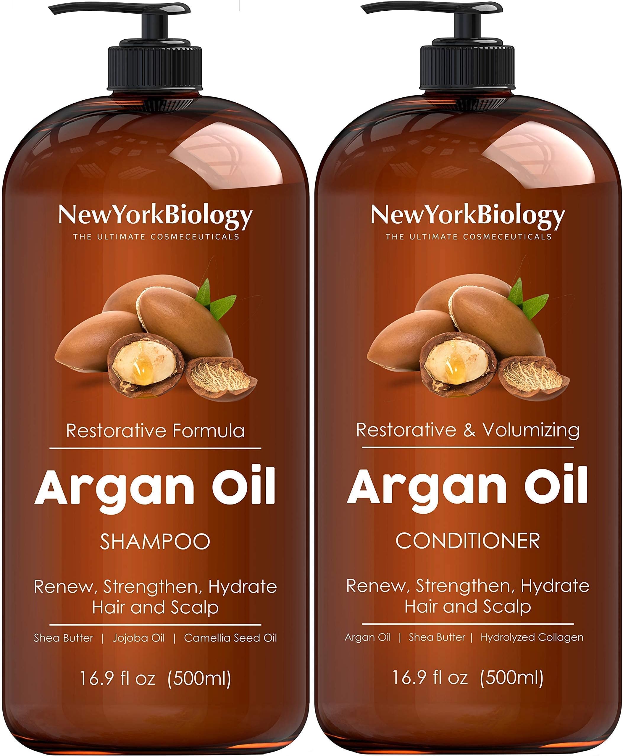 New York Biology Moroccan Argan Oil Shampoo and Conditioner Set - Moisturizing and Volumizing for All Hair Types and Color Treated Hair - with Keratin - 16.9 Fl Oz