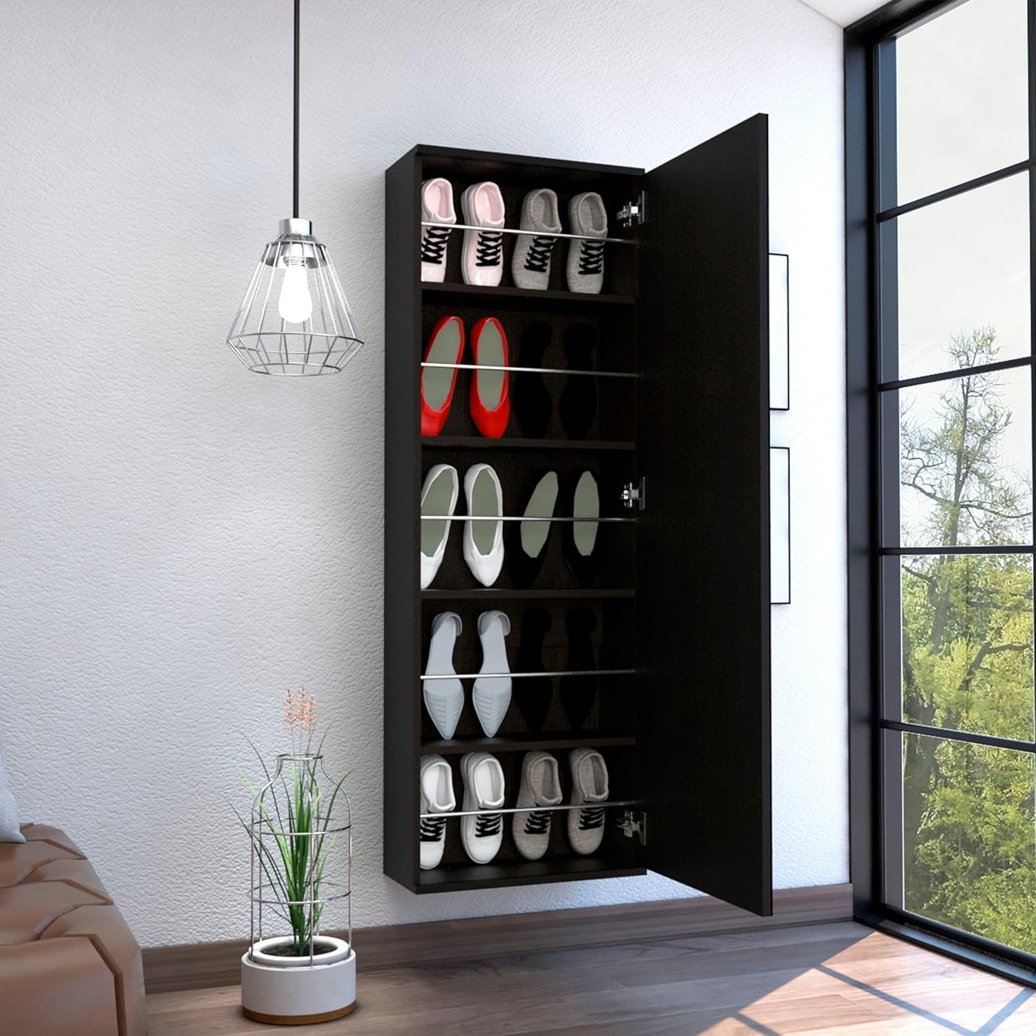 Tuhome Leto Wall Mounted Shoe Rack with Mirrored Single Door, Ten-Pair Storage Capacity, Space-Saving Vertical Organization System and Modern Multi-Functional Design for Entryways, Bedrooms