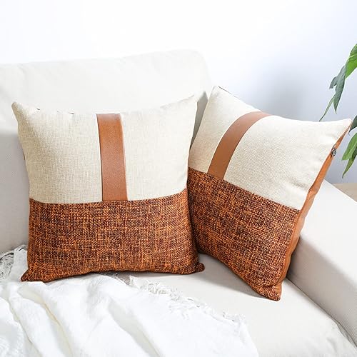 Miniatura 7 de howdy textile Juego de 2 fundas de almohada cuadradas de piel sintética color marrón, fundas de cojín cuadradas de lino, decoración del hogar para
