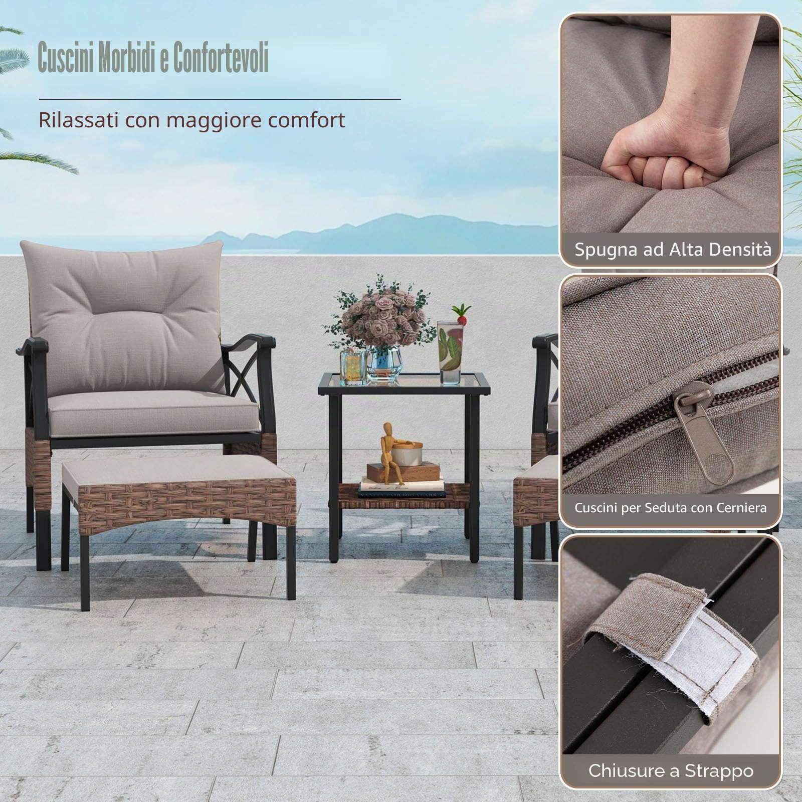 LIFEZEAL Salotto da Giardino in Rattan PE 5 Pezzi, 2 Poltrone con Cuscini, 2 Poggiapiedi, Tavolino in Vetro, Marrone