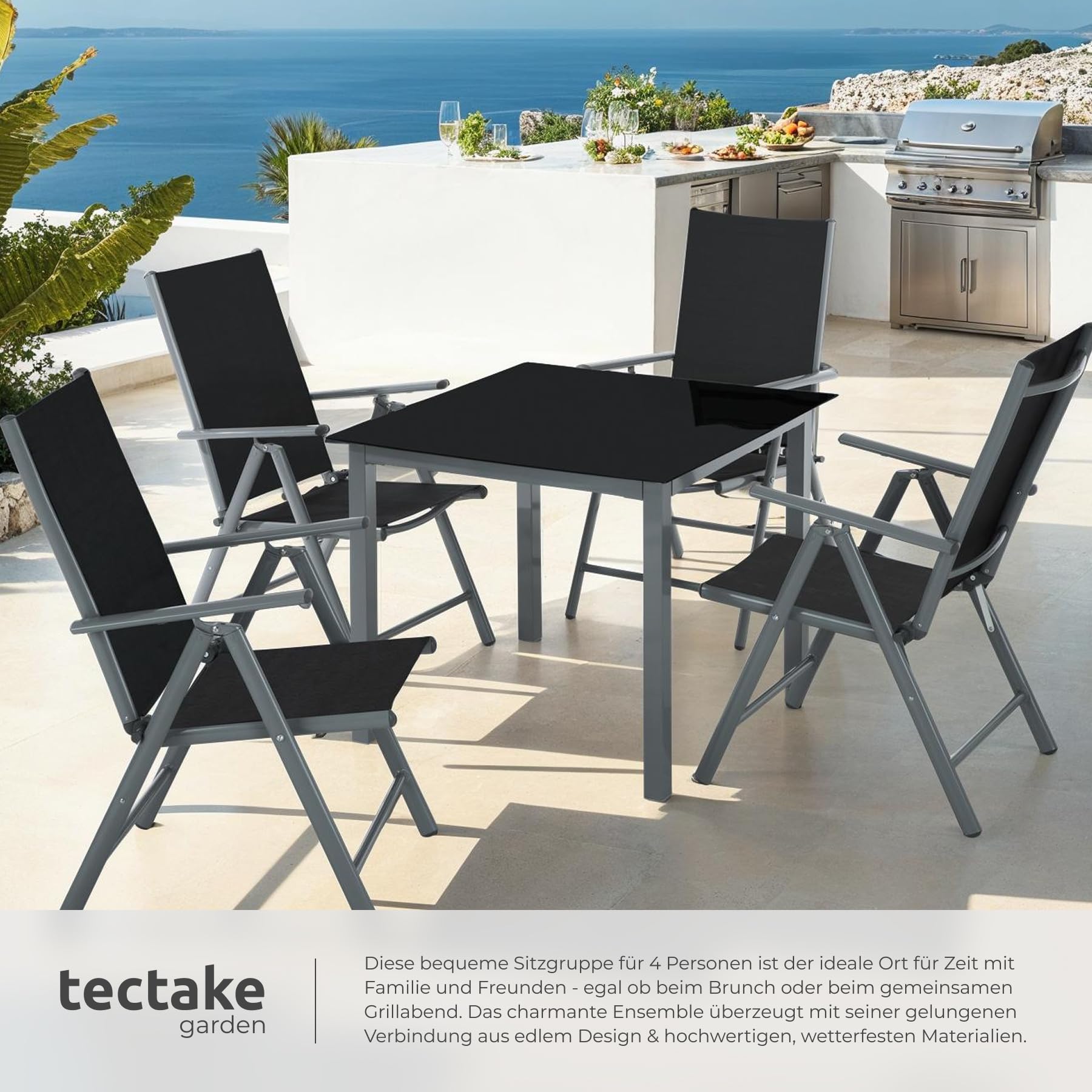 tectake® Gartenmöbel Set mit Tisch und 4 klappbaren Stühlen mit Verstellbarer Rückenlehne, Aluminium Gartenmöbel 4+1, Sicherheitsglas Tischplatte, Gartentisch mit Stühlen, wetterfest - anthrazit