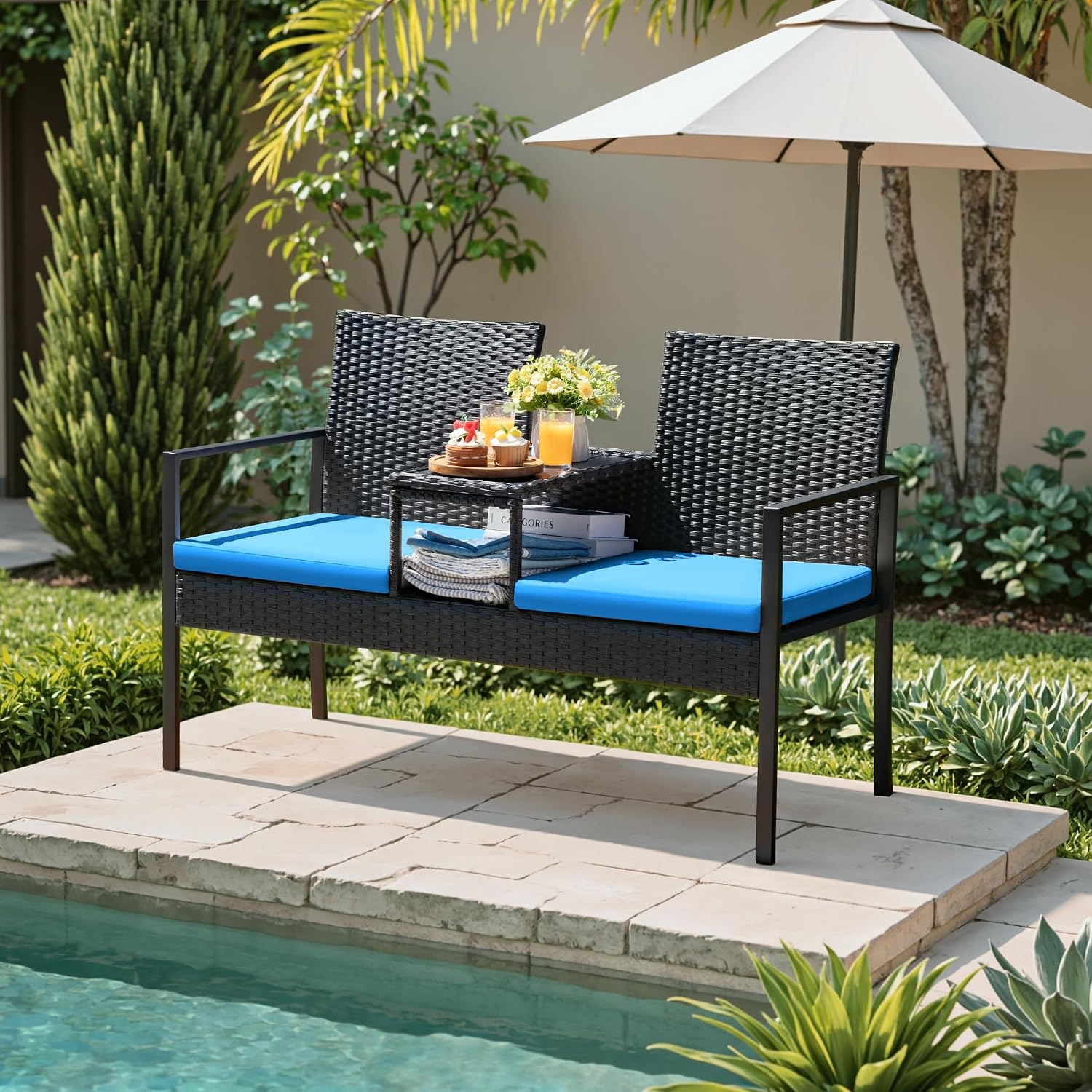 Greesum Patio Conversation Set Outdoor Wicker Furniture Sets with Soft Cushions and Built-in Coffee Table for Lawn, Garden and Backyard, Blue