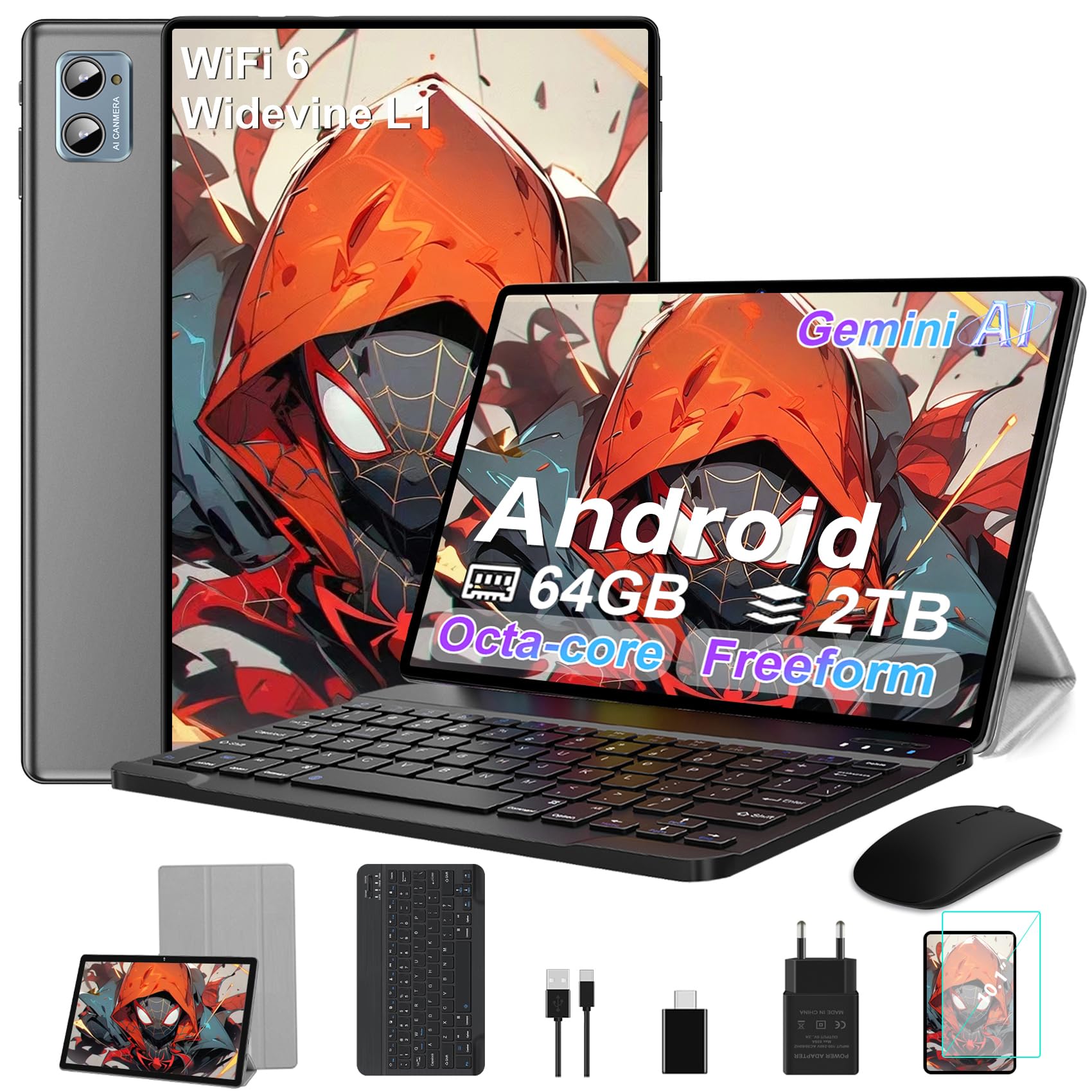 Tablette 2026 10 pouces Android 15 Octa Core Tablette avec 64 Go ROM + 2 To TF | 5G + 2,4G WiFi | Gemini AI | 8MP + 5MP | Type C Tablette à écran tactile avec étui, clavier et souris - Gris