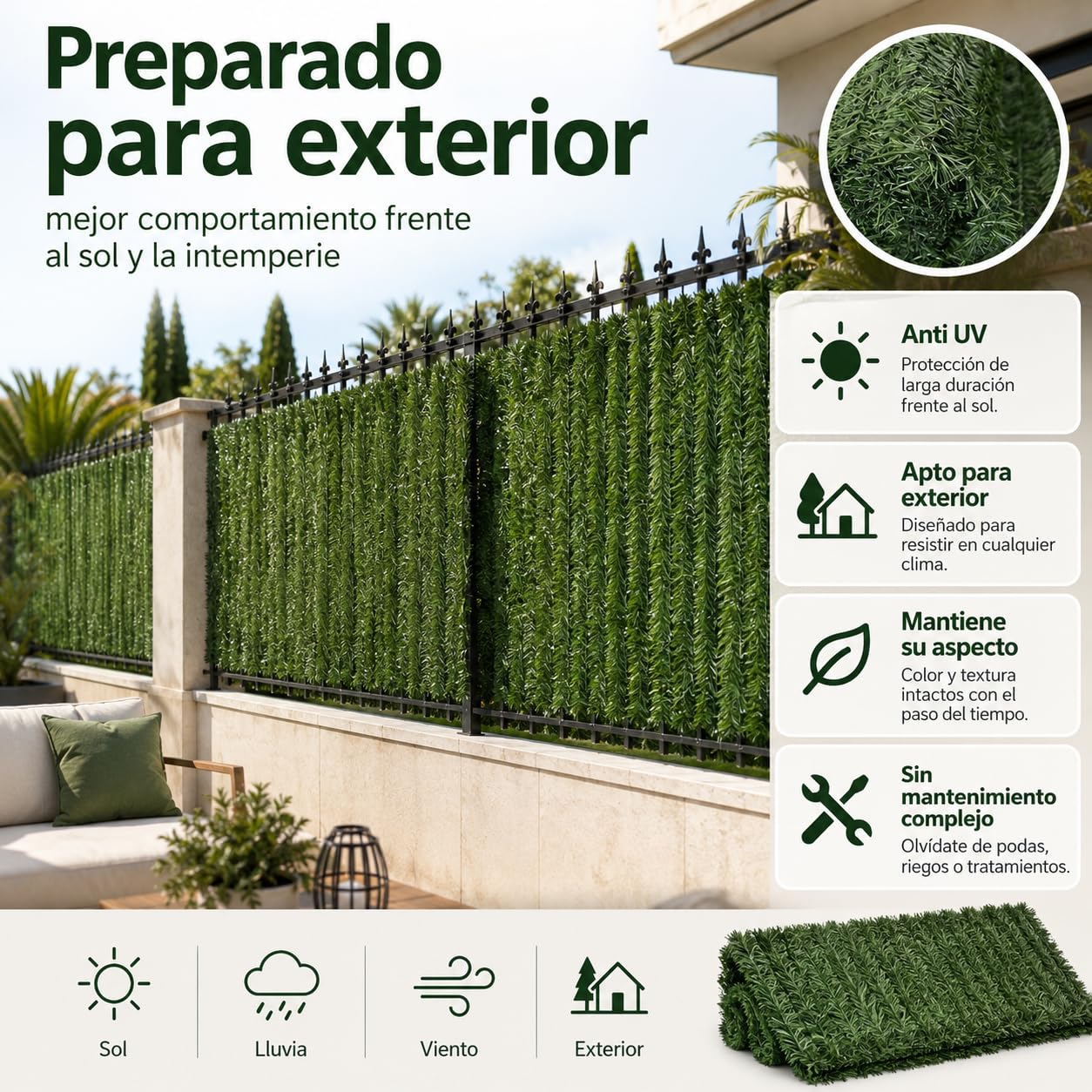 Seto Artificial Ocultación Jardín, Pack 2 Unidades de 1x3m, para Jardin o Terraza, Ocultación 90%, Seto Decorativo, Tratamiento UV, fijación con Alambre, Color Verde
