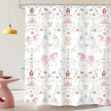 Fairy Girl Shower Curtain 60Wx72H Inches Pink Fantasy Horse Floral Bow Elegant Charming Teen Princess Sweet Cloth Fabric Waterproof Polyester Bathroom Home Decor Set with Hooks