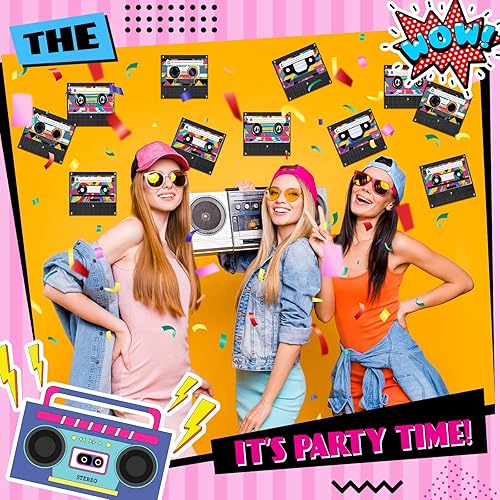 Miniatura 3 de 60 piezas de decoraciones de fiesta temática de los años 80 y 90, decoración de fiesta de música retro, recortes de cinta de casete de los años 70,