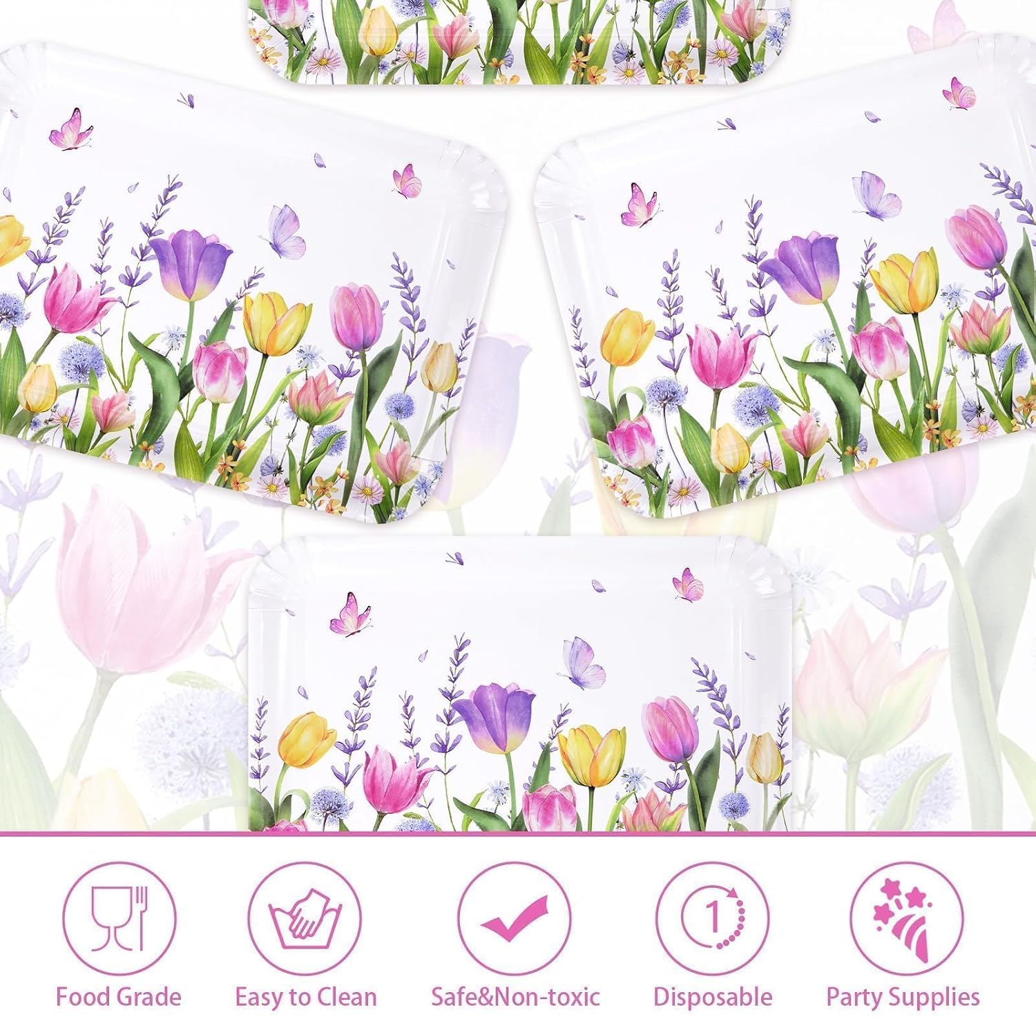 50Pcs Tulip Paper Platters 10" X 14" Large Heavy Duty Spring Lavender Tulip Serving Trays Disposable Snack Paper Plates for Spring Wedding Bridal Baby Shower Tea Party Decorations
