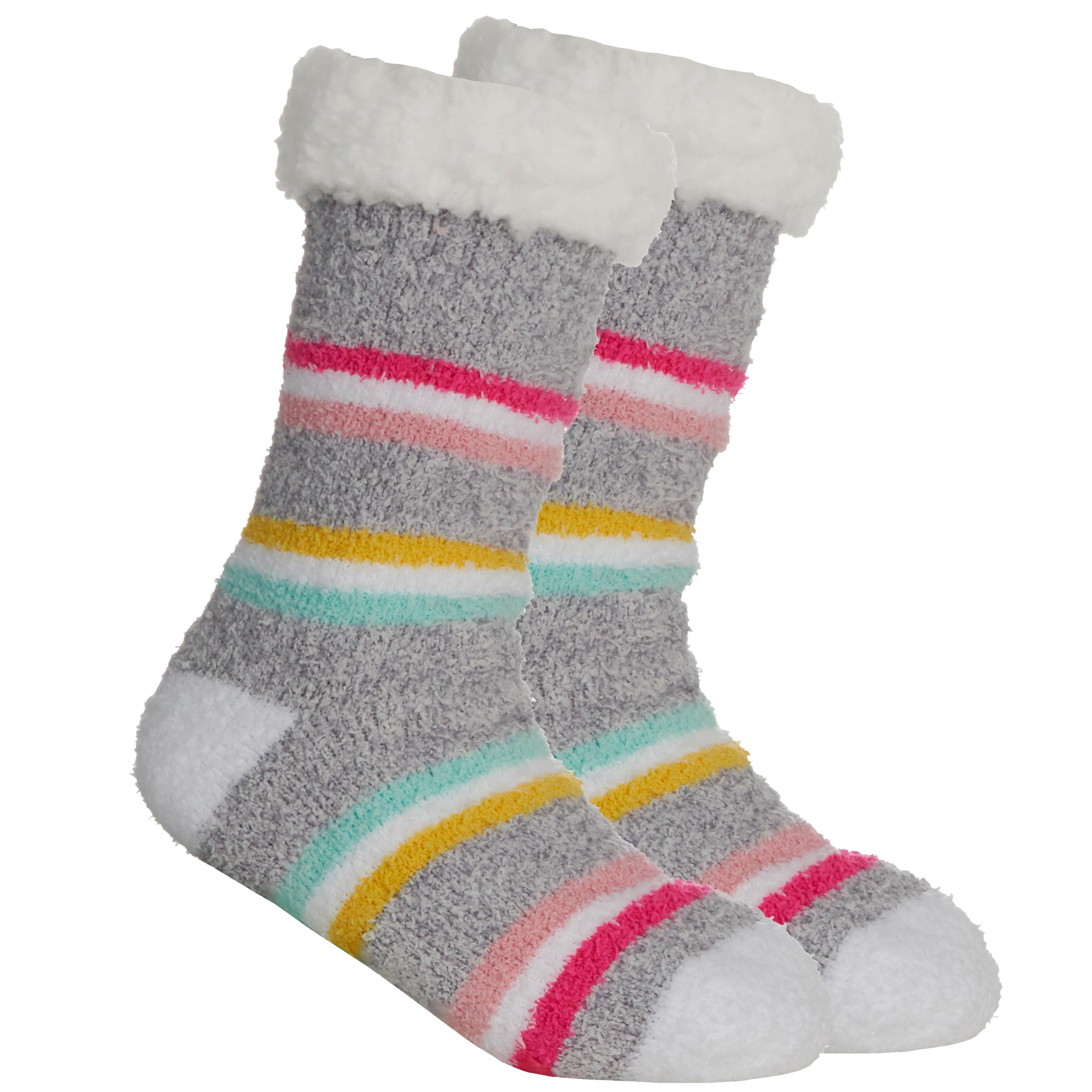 Metzuyan Women's 1 Pair Grey Ws-Aw23 1 Pair Striped Lounge Socks With Sherpa Fleece Thermal Socks Bed Socks With Non Slip Grippers 4-8 Grey