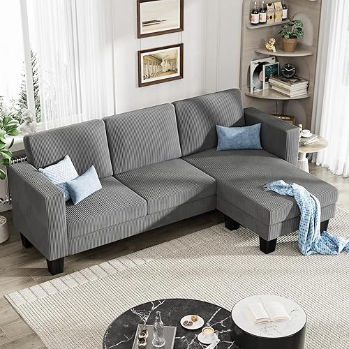YESHOMY L-Shaped Convertible Sectional Sofa 3 Seater with Corduroy Fabric, Complete with Mobile Footrest, for Living Room, Apartment and Office, 70", Grey