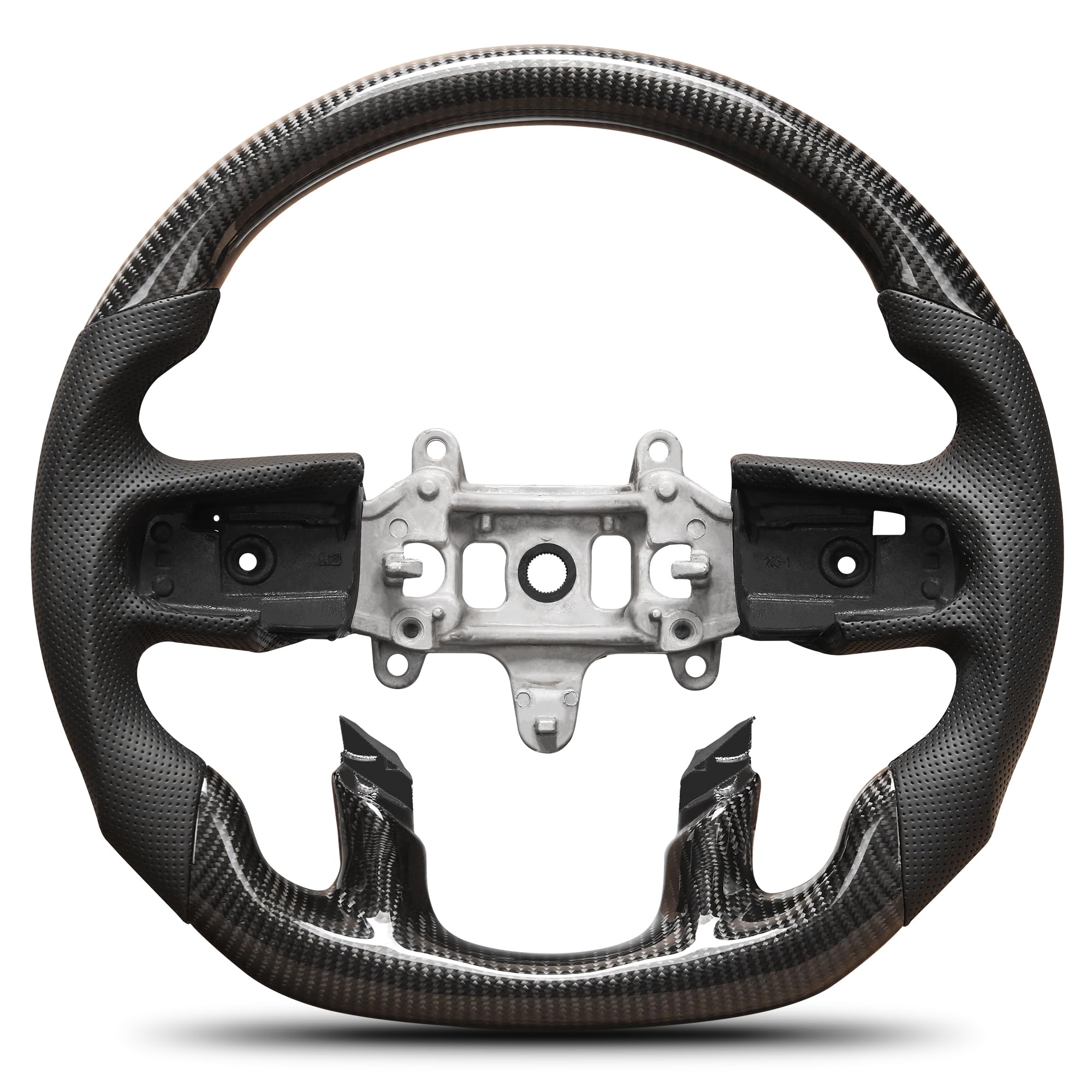 Volante de fibra de carbono POFENZE para Dodge Ram TRX 1500 2019-2024 sin orificio para palanca de cambios, con base plana en forma de D, de cuero perforado Nappa, agarre cosido a mano