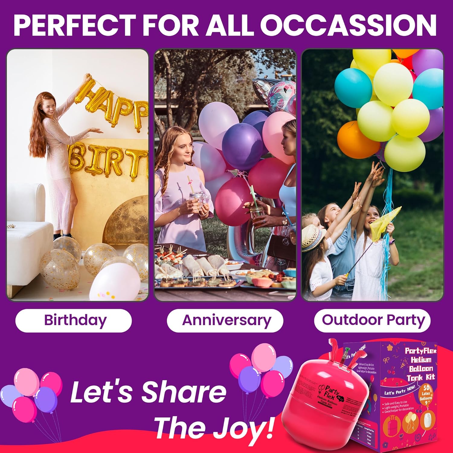 Helium Tank for Balloons – 13L Disposable Helium Balloon Tank Kit Fills Up to 50 Balloons – Includes 50 Balloons – Portable Helium Tank for Birthday, Wedding & Party Decorations